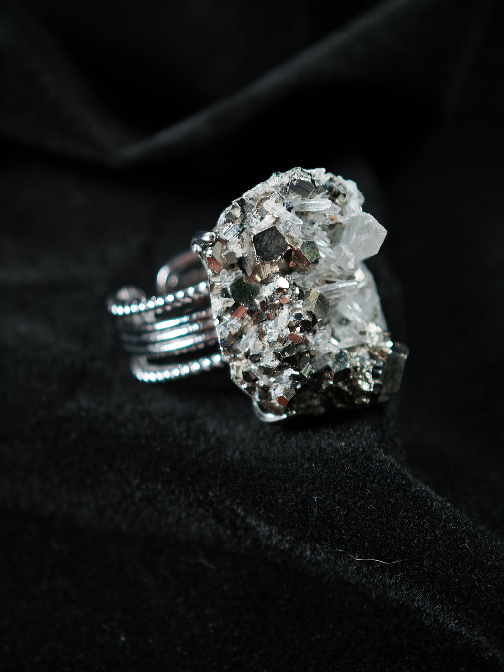 Chalcopyrite&Quartz Adjustable Ring - Natural Mineral - Solo Collection -005