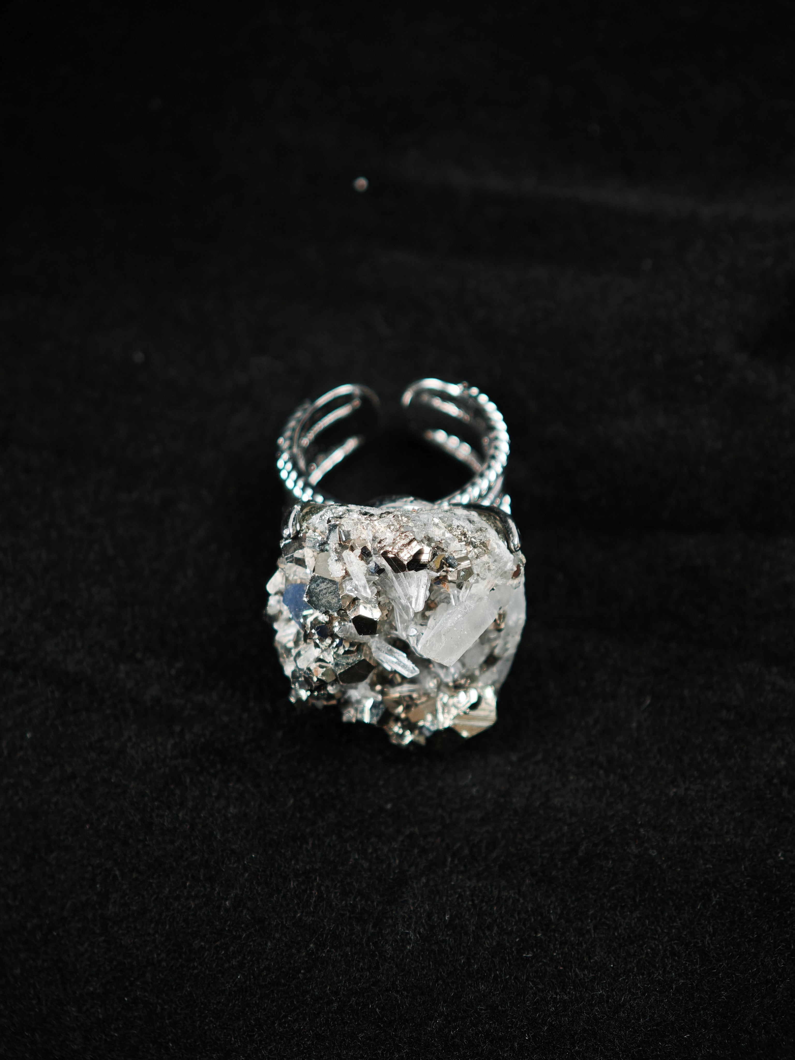 Chalcopyrite&Quartz Adjustable Ring - Natural Mineral - Solo Collection -005