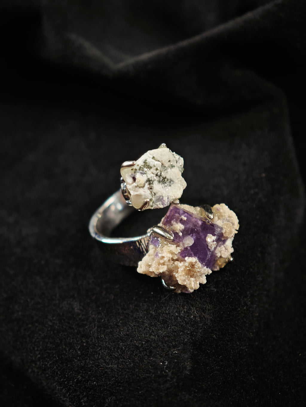 Phantom Fluorite&Pyrite Adjustable Ring - Natural Mineral - Duo Collection -018
