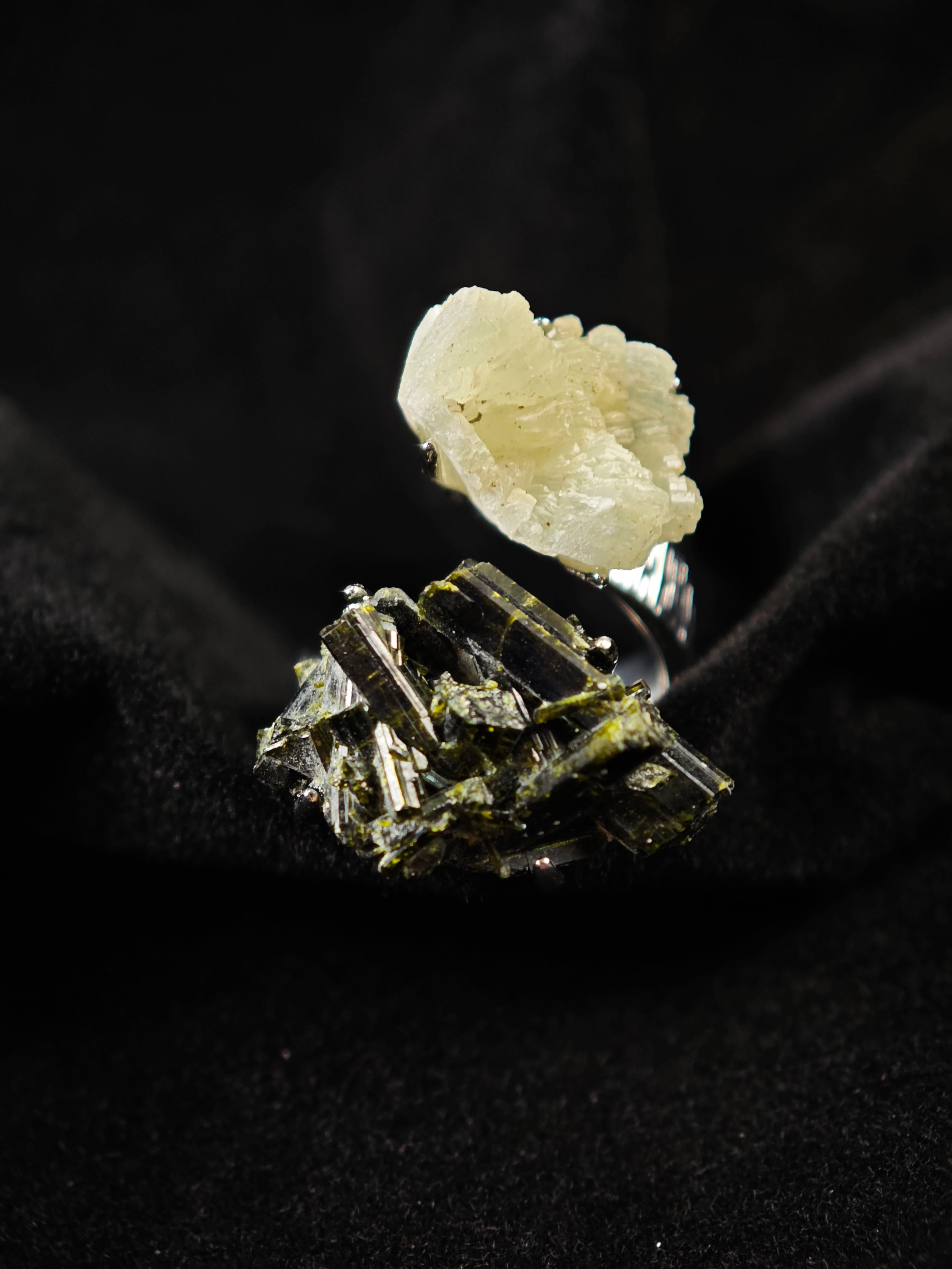 Prehnite&Green Tourmaline Adjustable Ring - Natural Mineral - Duo Collection -019