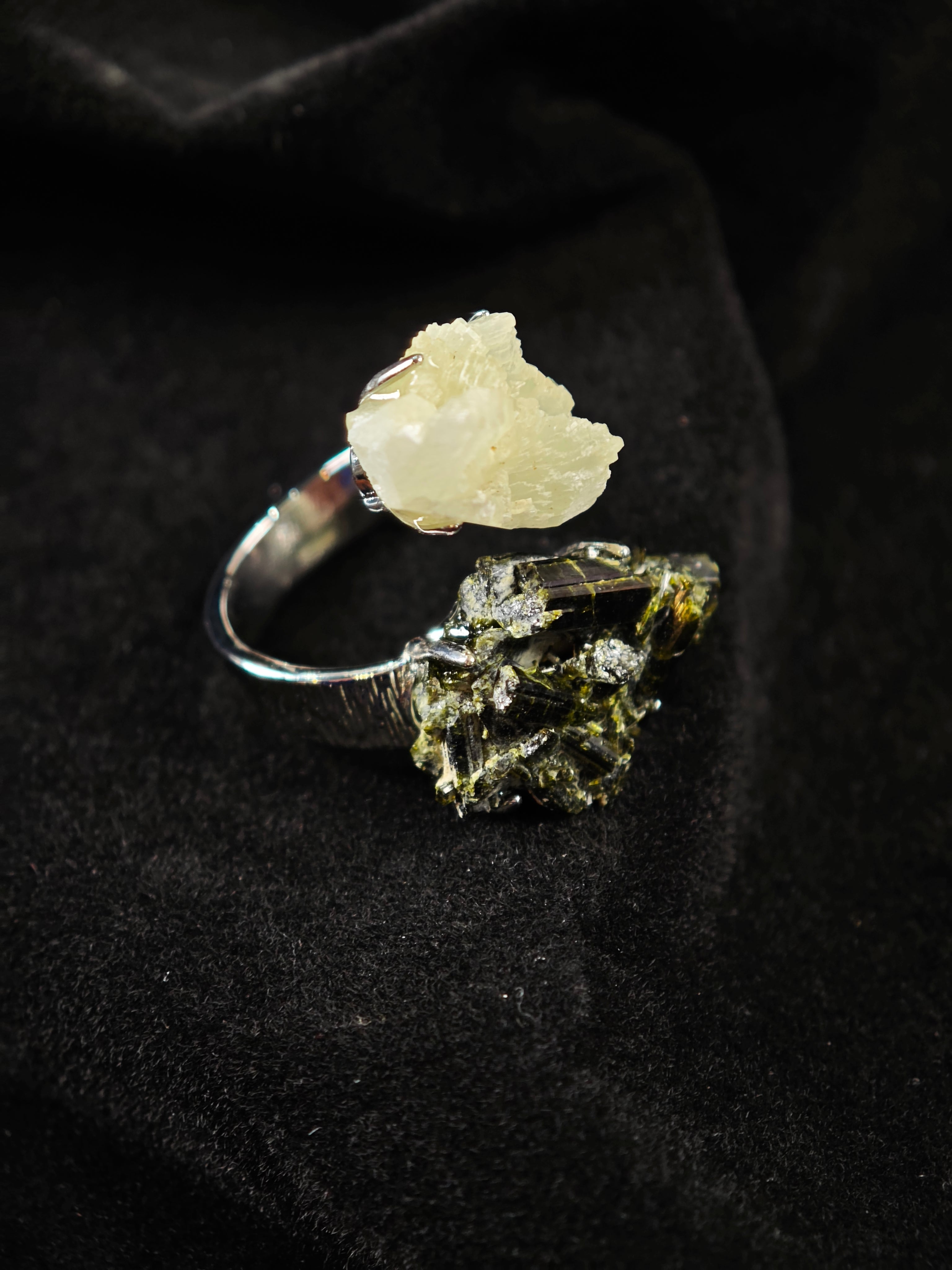 Prehnite&Green Tourmaline Adjustable Ring - Natural Mineral - Duo Collection -019