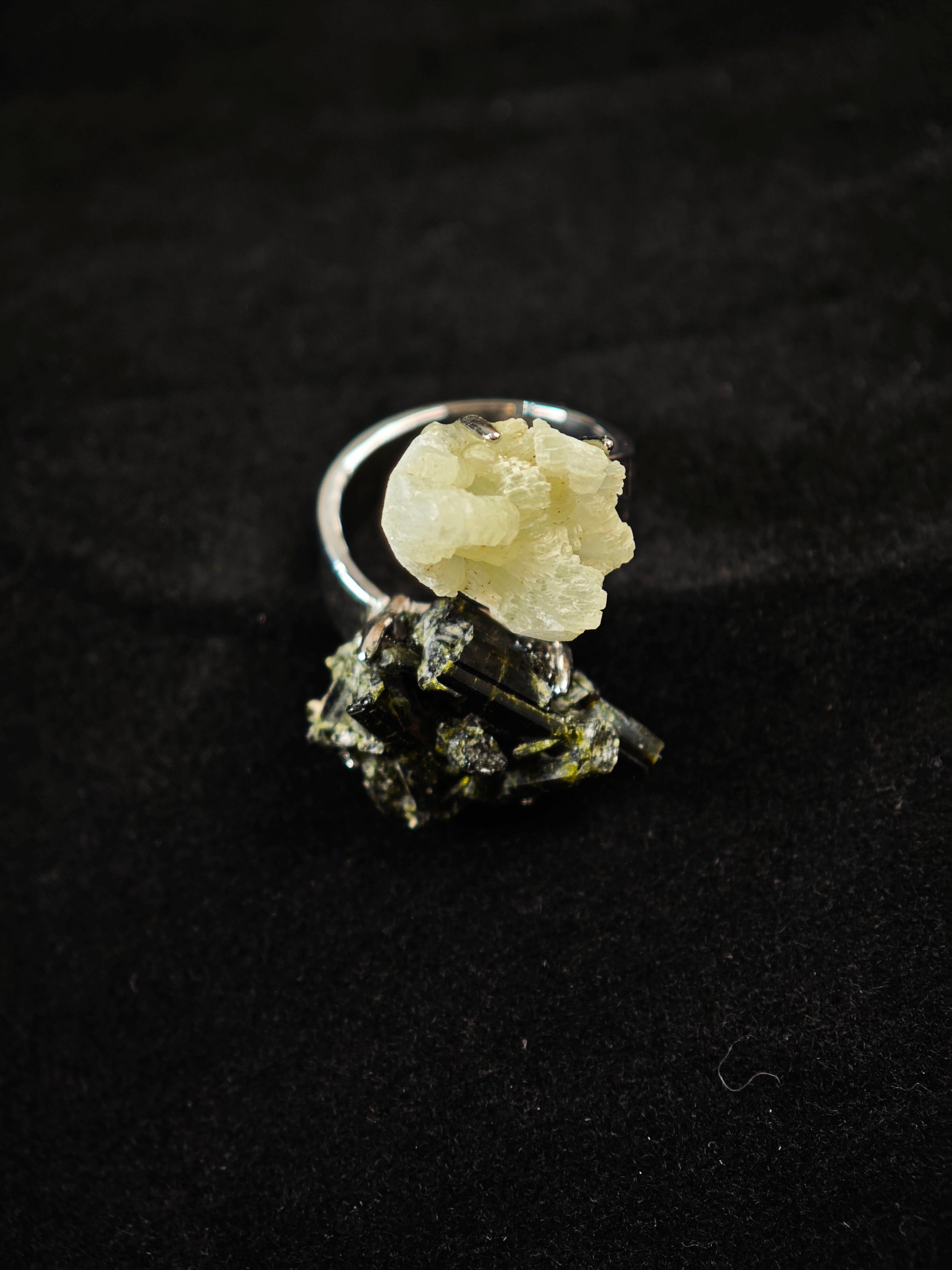 Prehnite&Green Tourmaline Adjustable Ring - Natural Mineral - Duo Collection -019