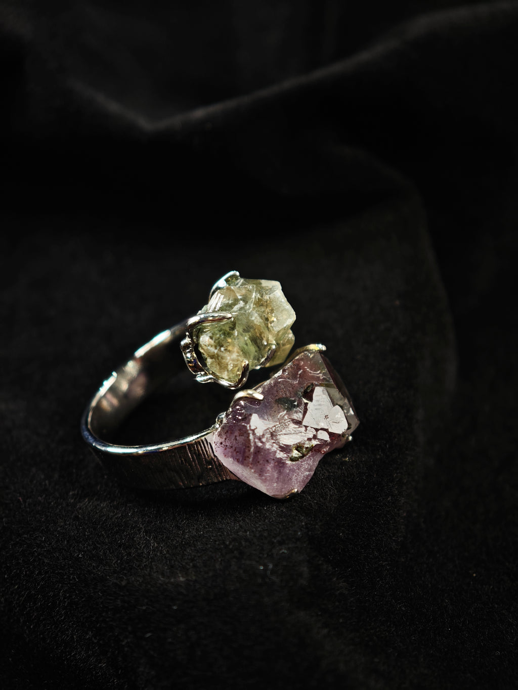 Garden Quartz&Prase Adjustable Ring - Natural Mineral - Duo Collection -020