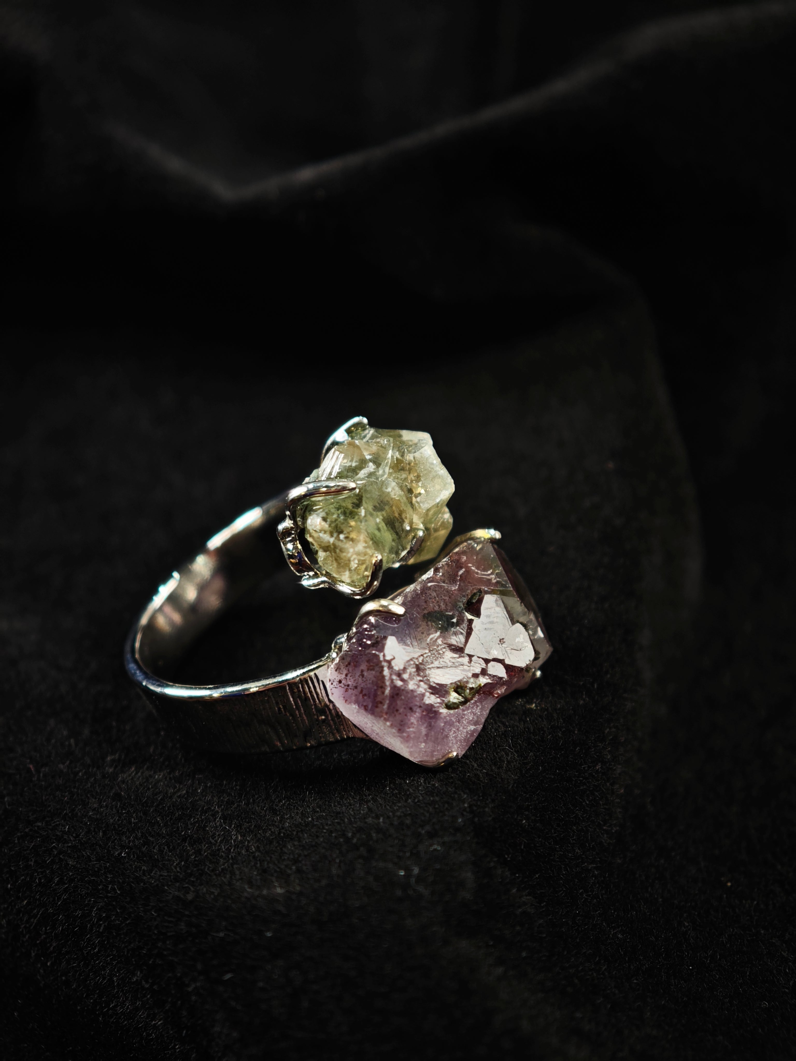 Garden Quartz&Prase Adjustable Ring - Natural Mineral - Duo Collection -020