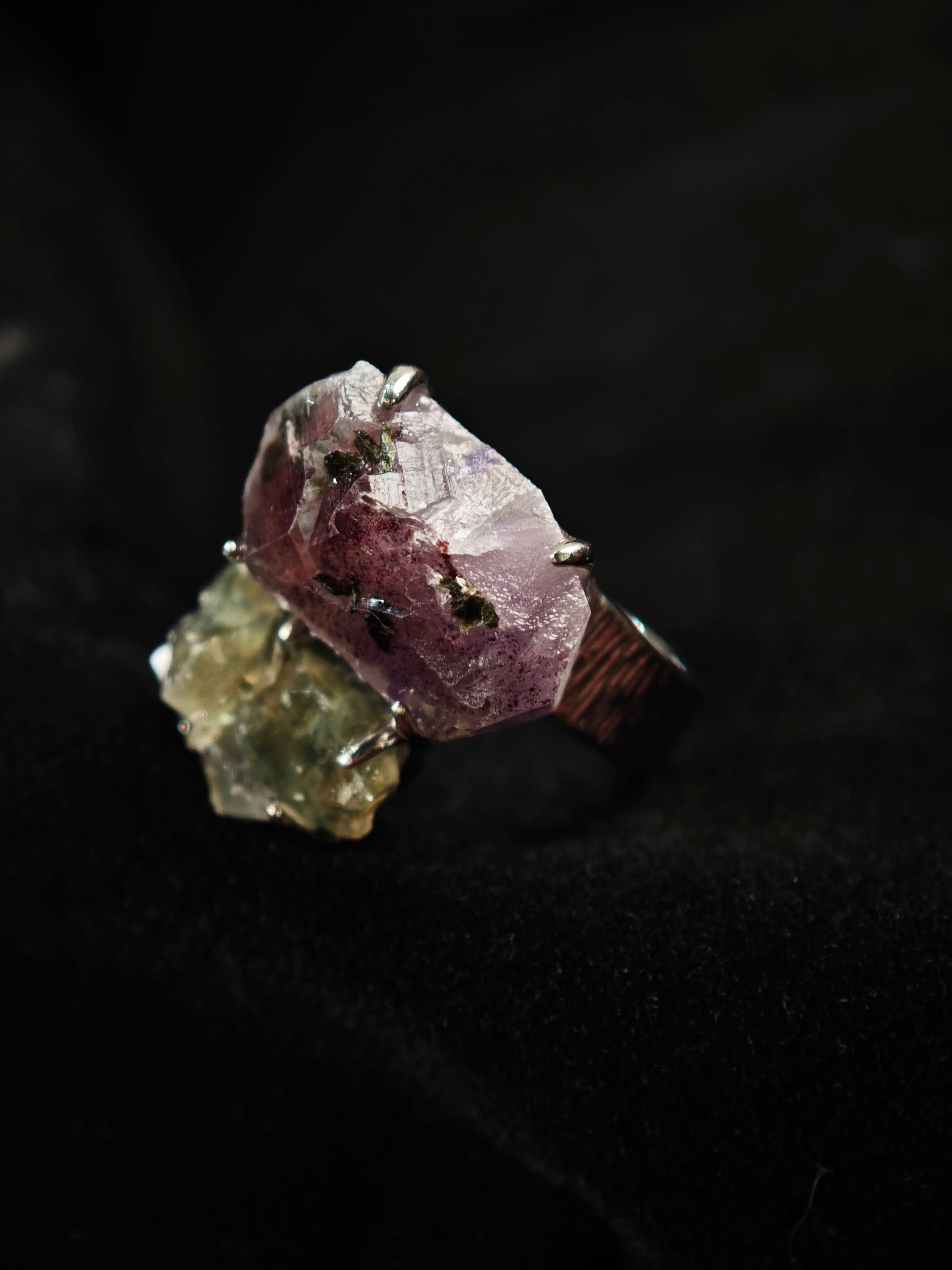 Garden Quartz&Prase Adjustable Ring - Natural Mineral - Duo Collection -020