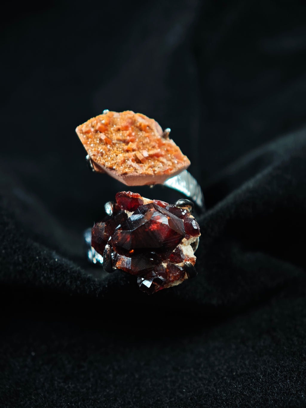 Garnet&Vanadinite Adjustable Ring - Natural Mineral - Duo Collection -021