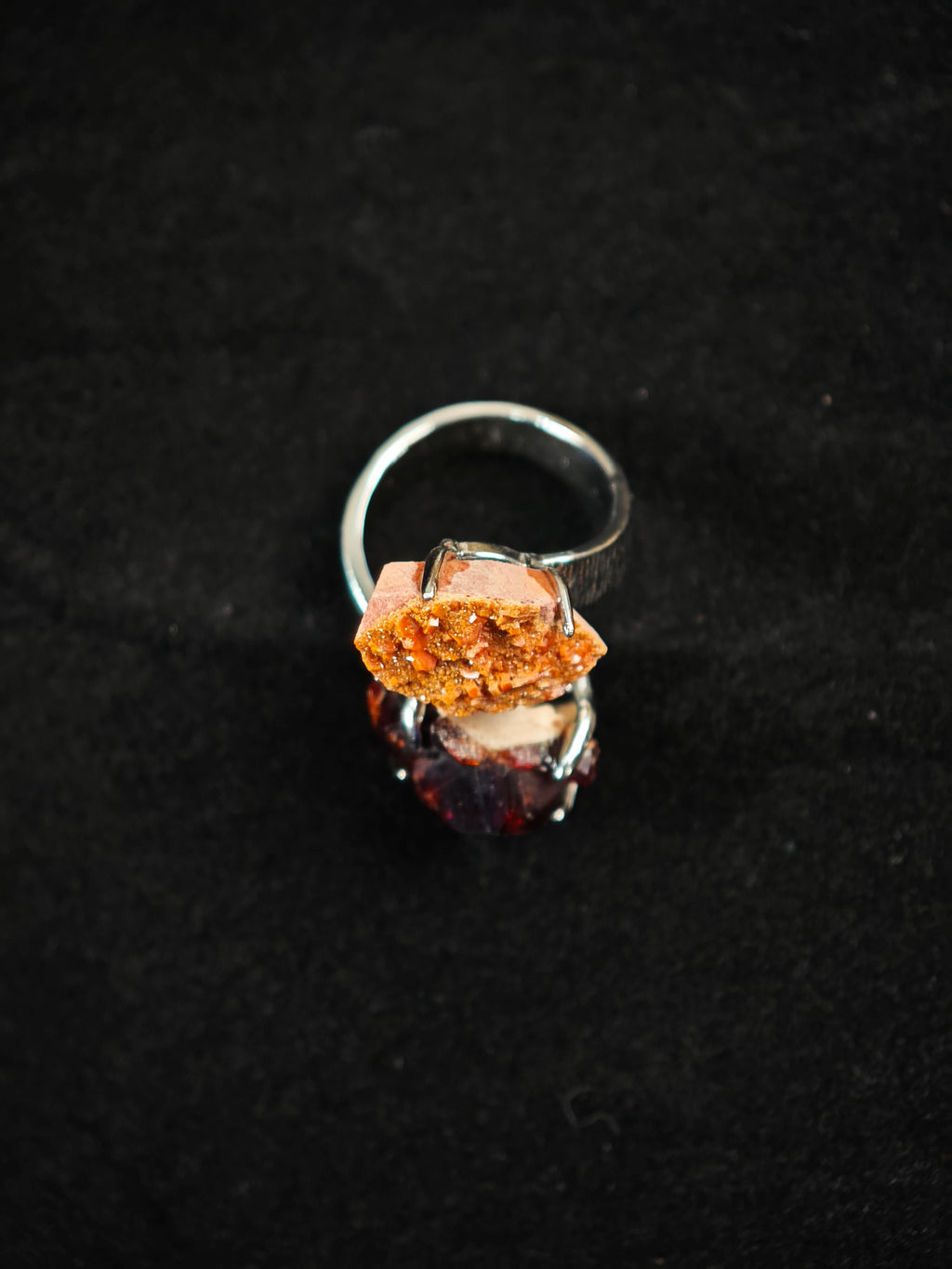 Garnet&Vanadinite Adjustable Ring - Natural Mineral - Duo Collection -021