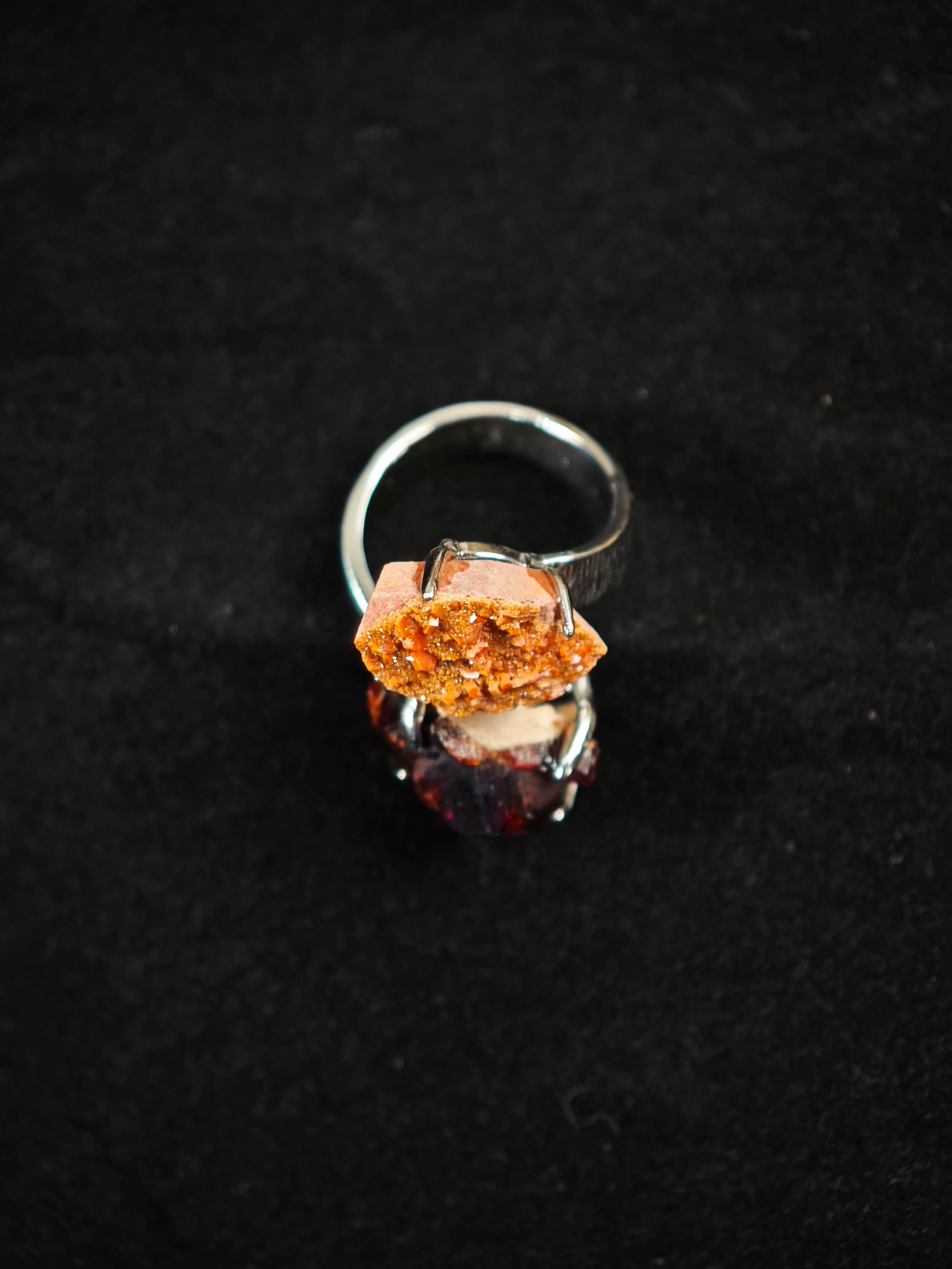 Garnet&Vanadinite Adjustable Ring - Natural Mineral - Duo Collection -021