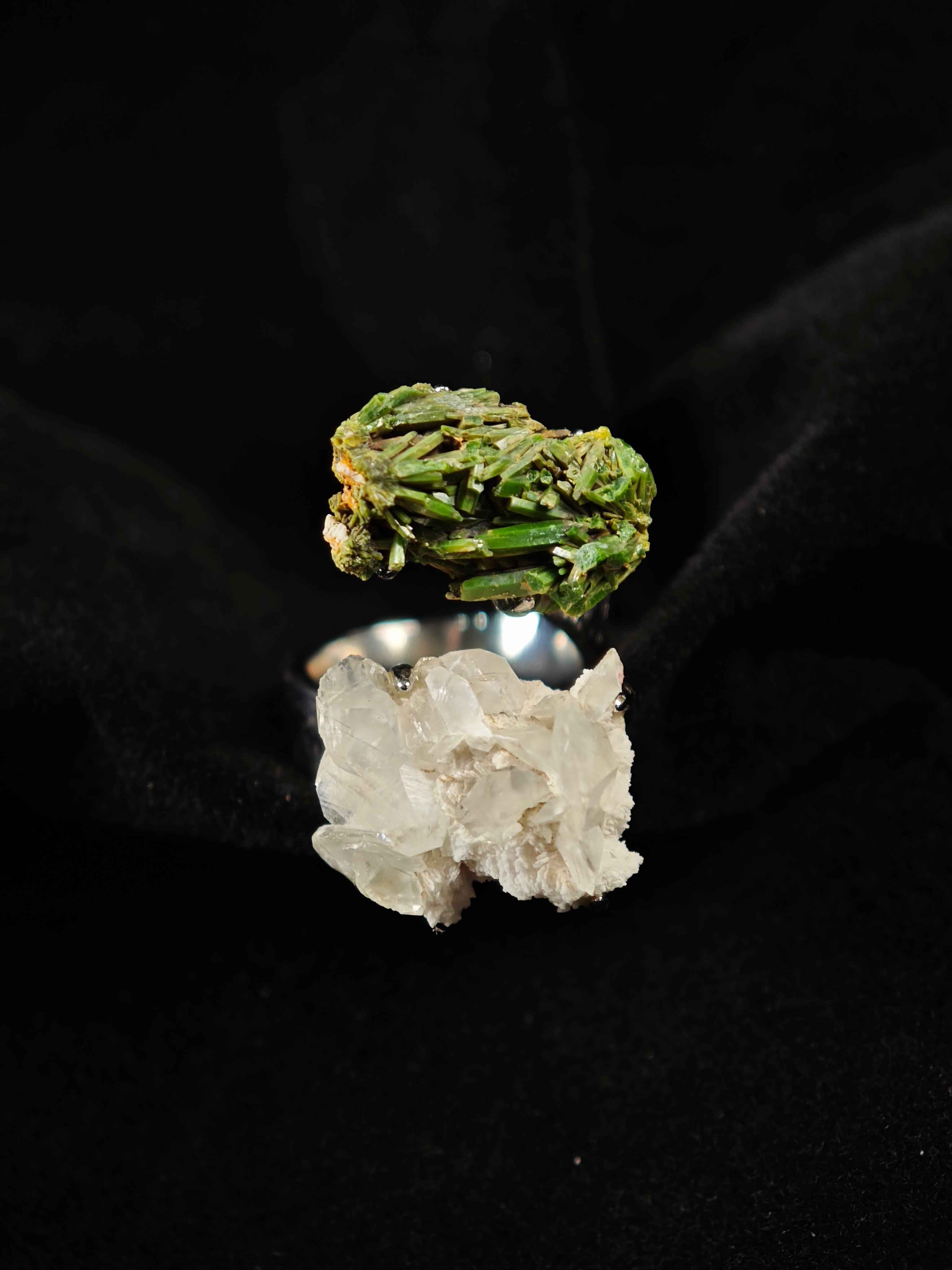 Pyromorphite&calcite Adjustable Ring - Natural Mineral - Duo Collection -022