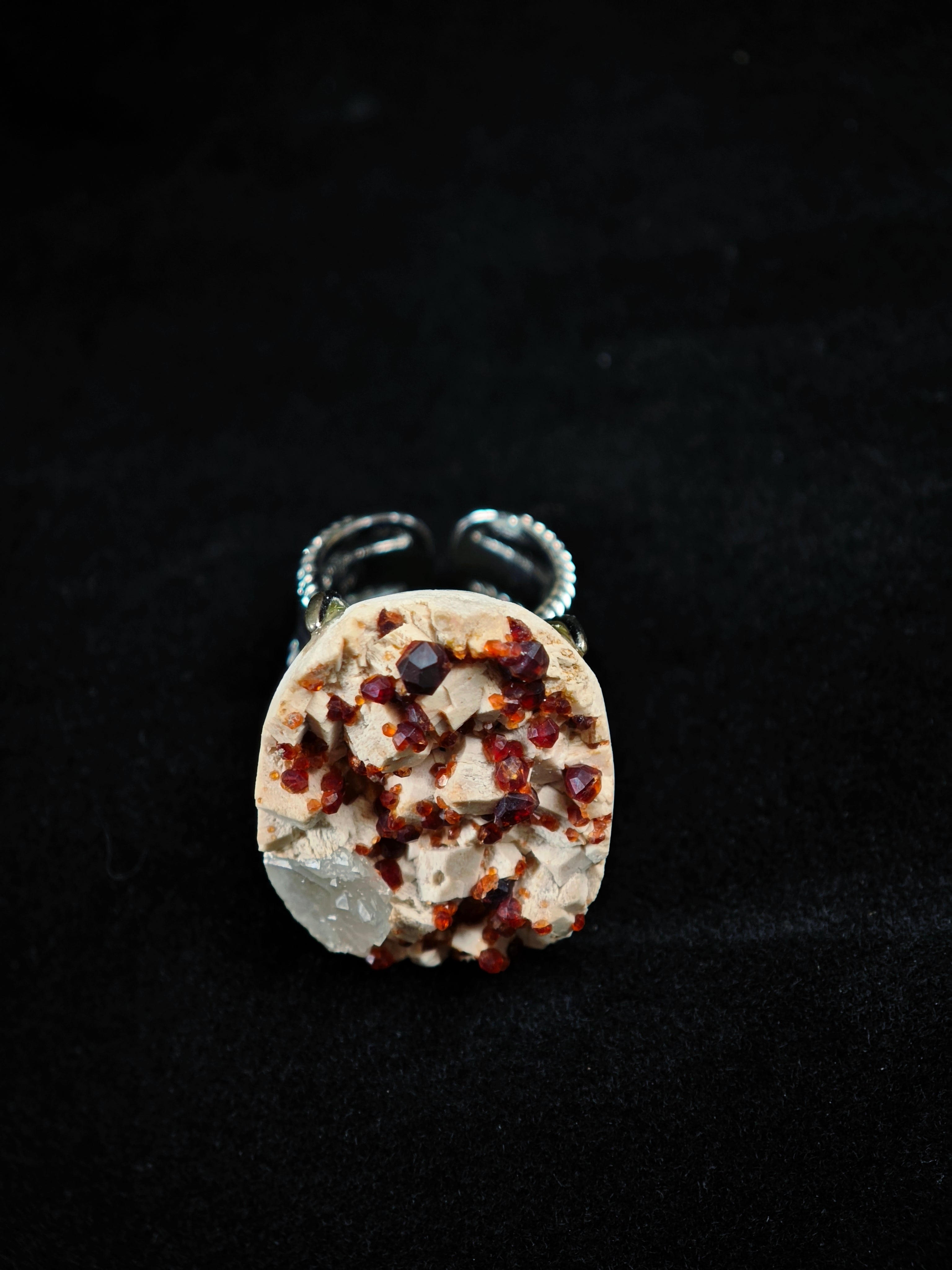 Garnet& Smoky Quartz Adjustable Ring - Natural Mineral - Solo Collection -015