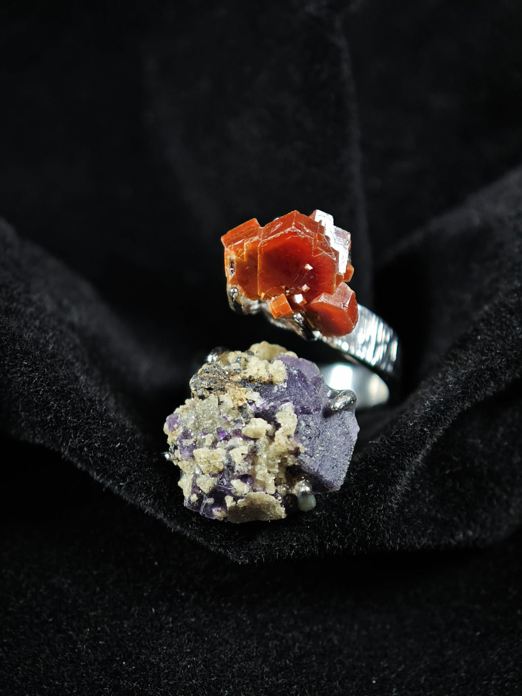 Phantom Fluorite&Vanadinite Adjustable Ring - Natural Mineral - Duo Collection -030