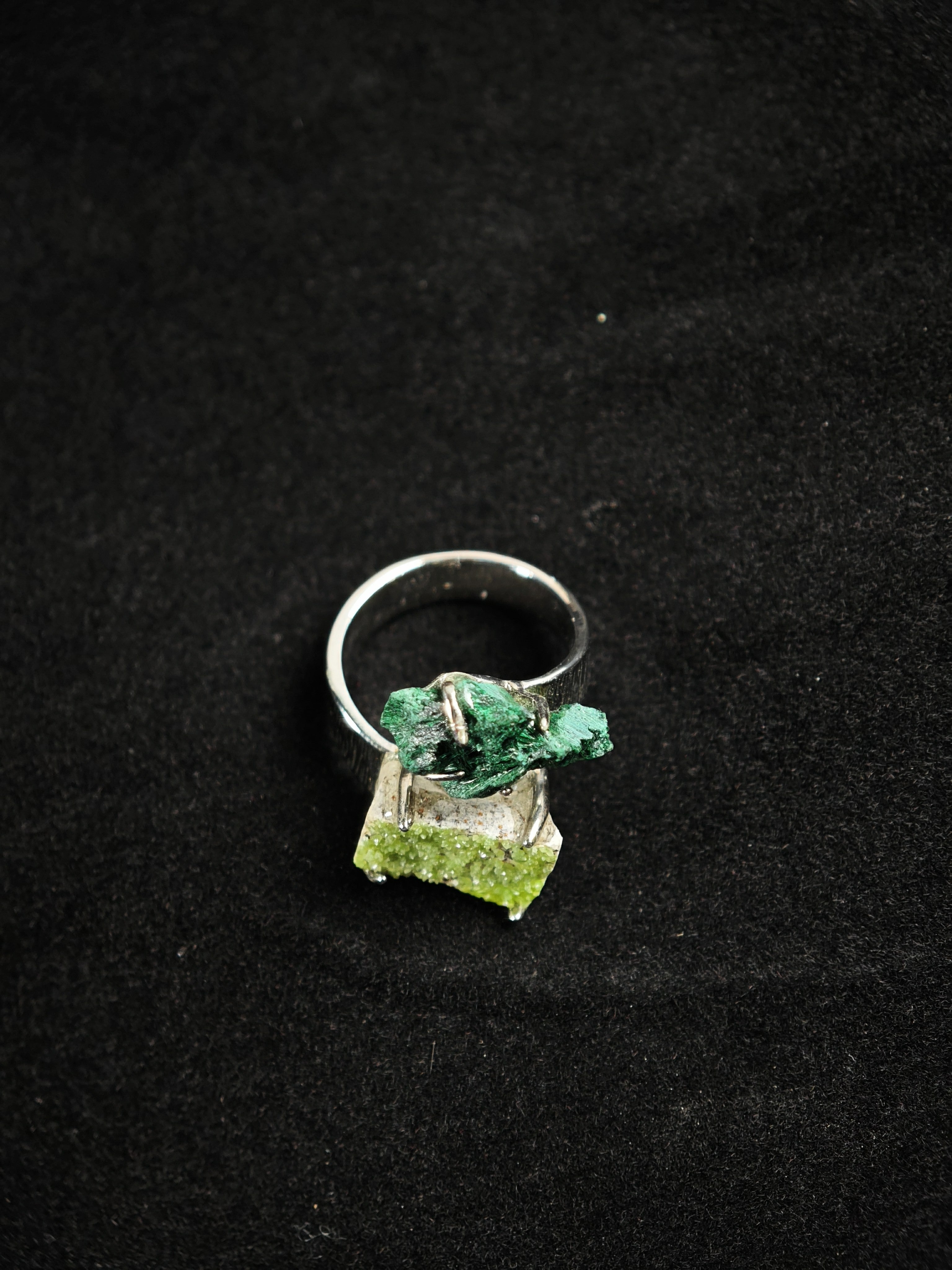 Malachite&Pyromorphite Adjustable Ring - Natural Mineral - Duo Collection -031