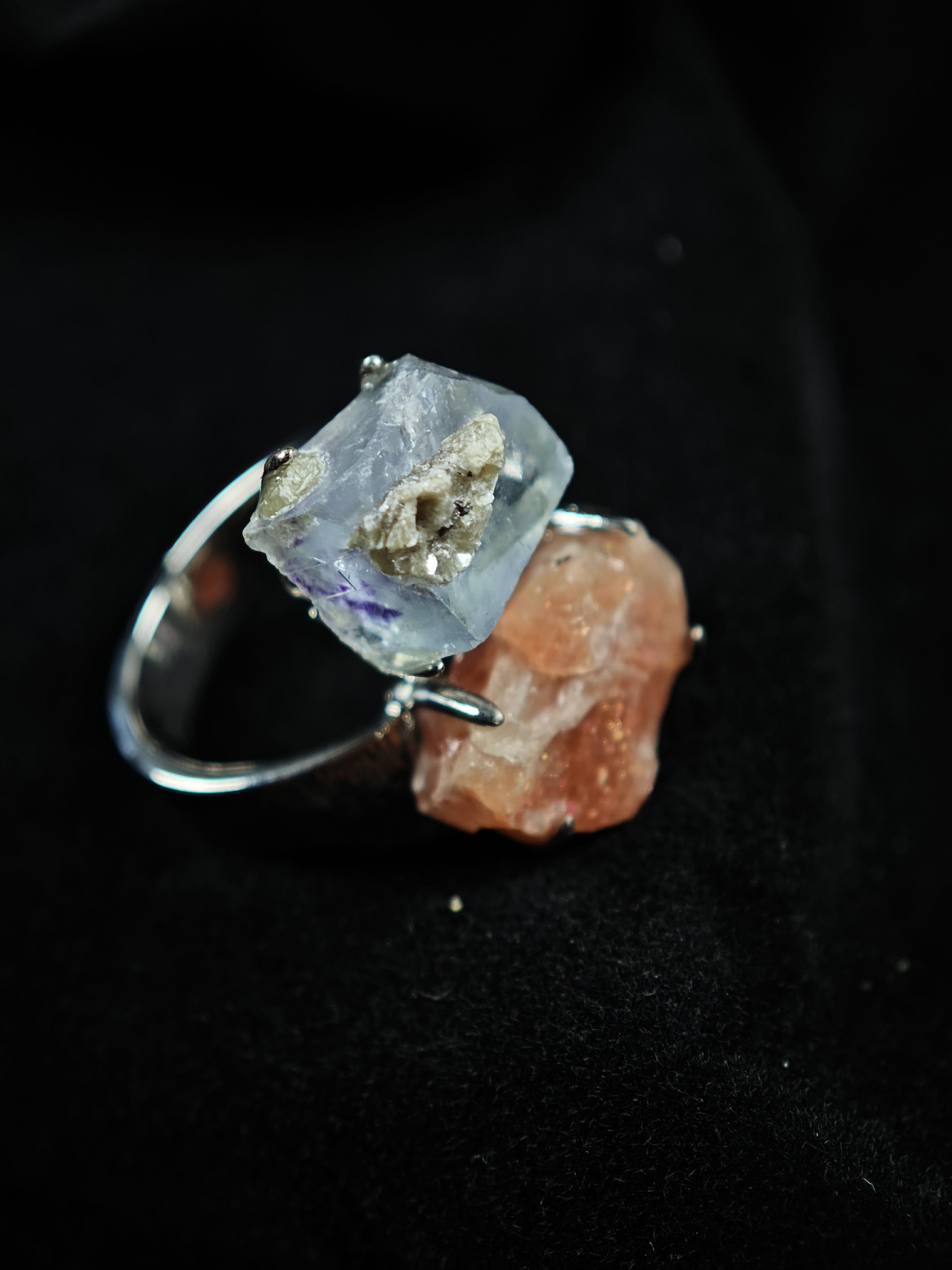 YGX Fluorite&sunstone Adjustable Ring - Natural Mineral - Duo Collection -032