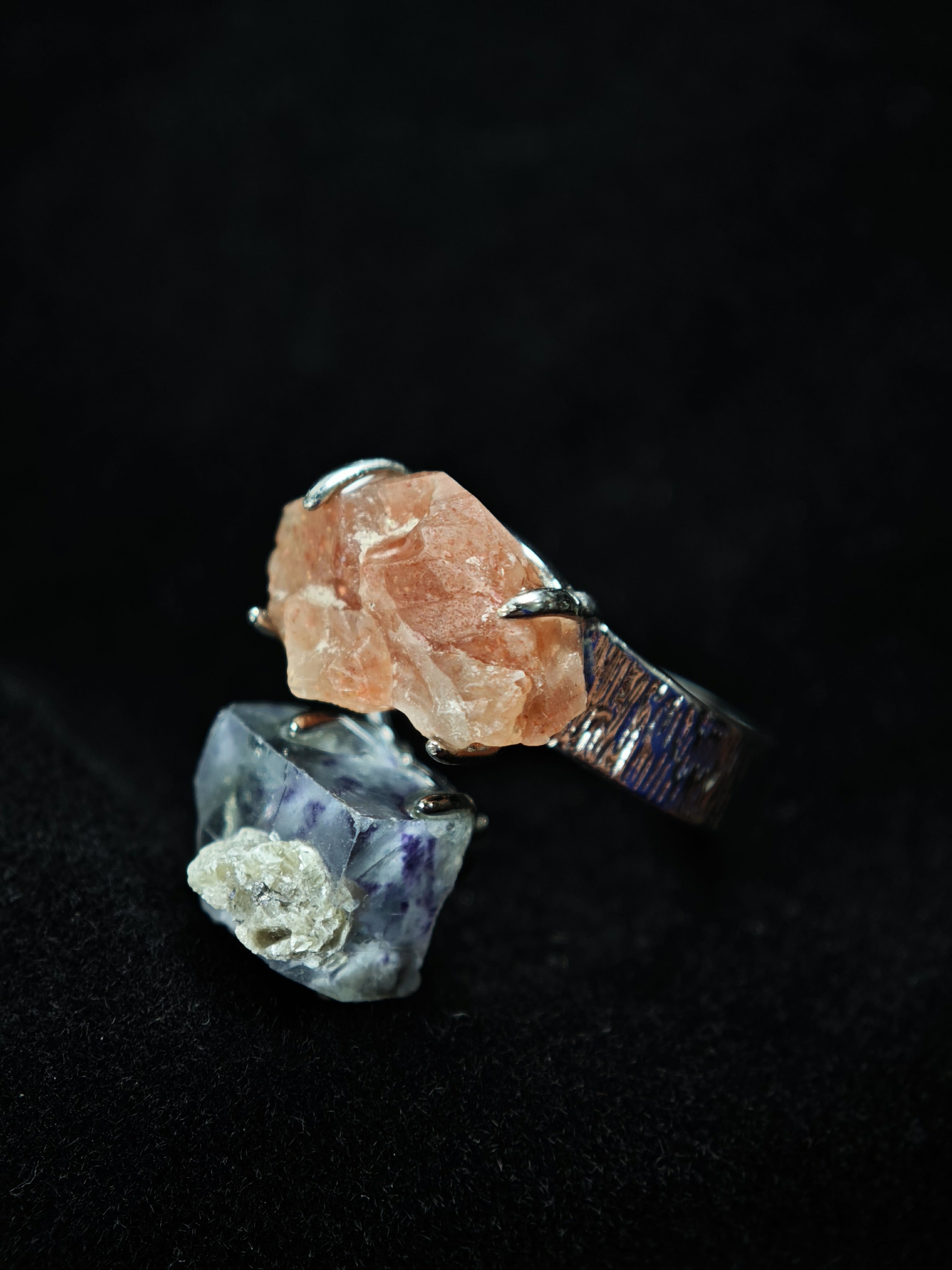YGX Fluorite&sunstone Adjustable Ring - Natural Mineral - Duo Collection -032