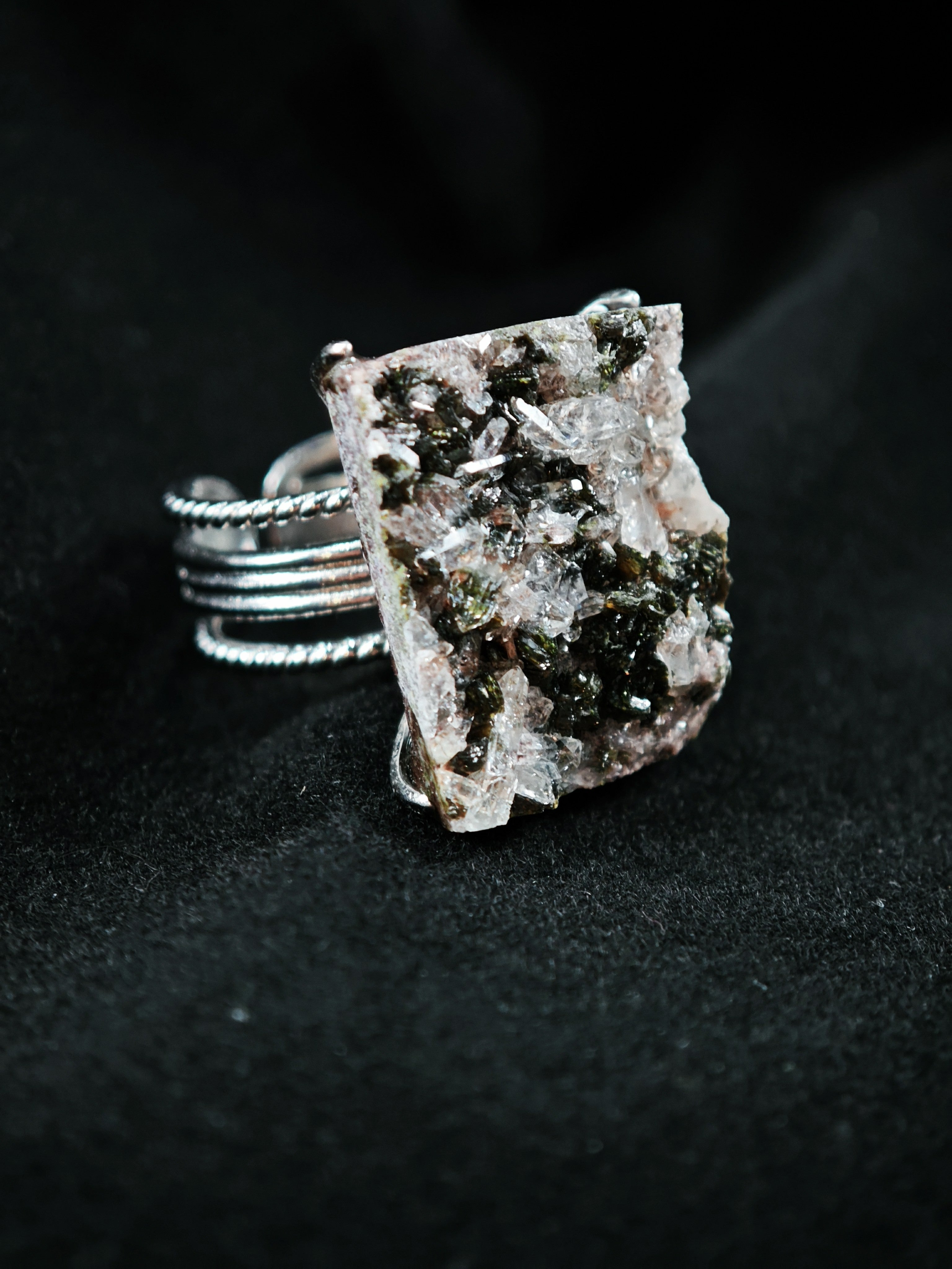 Epidote&Crystal Adjustable Ring - Natural Mineral - Solo Collection -038