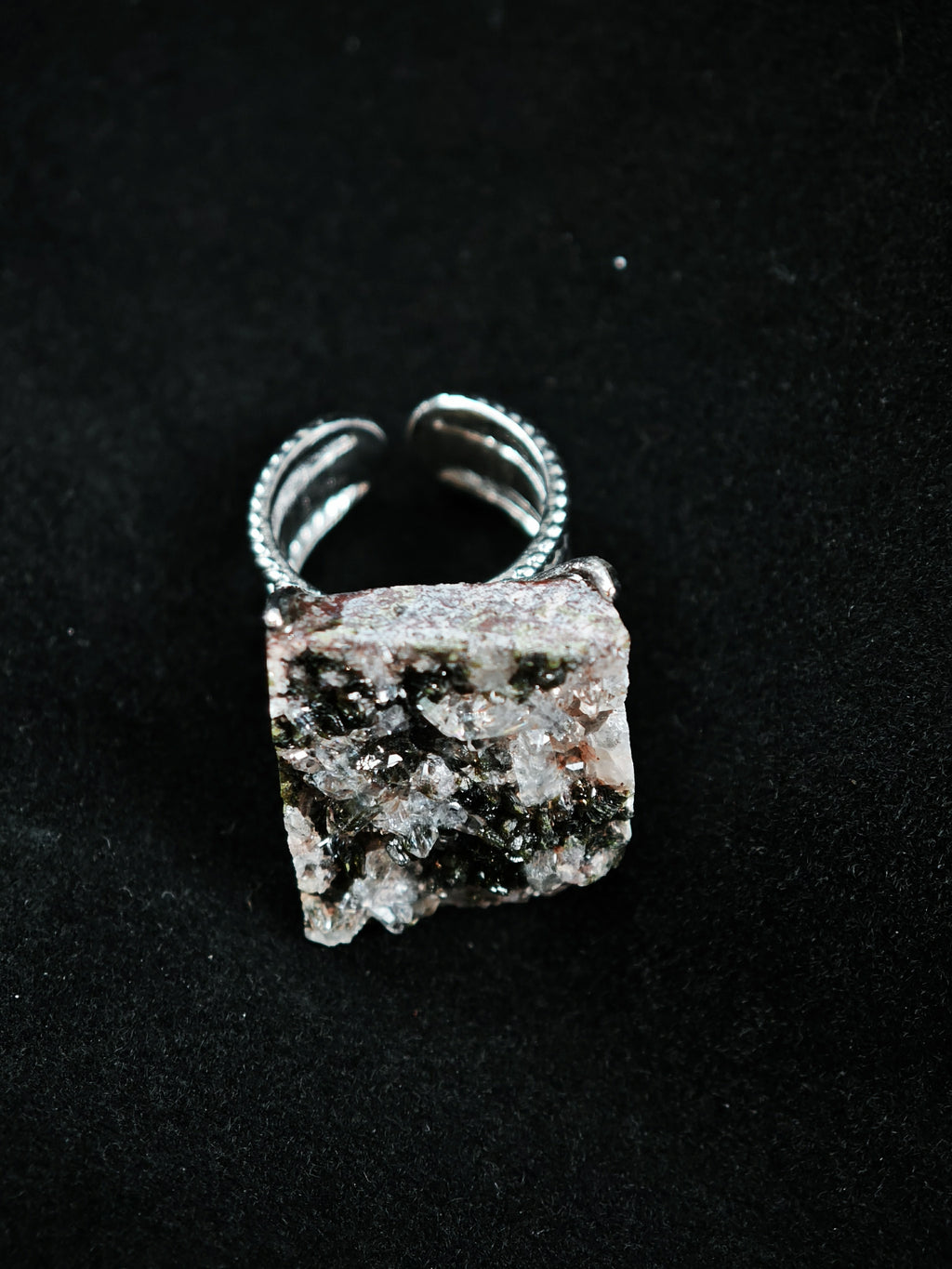 Epidote&Crystal Adjustable Ring - Natural Mineral - Solo Collection -038