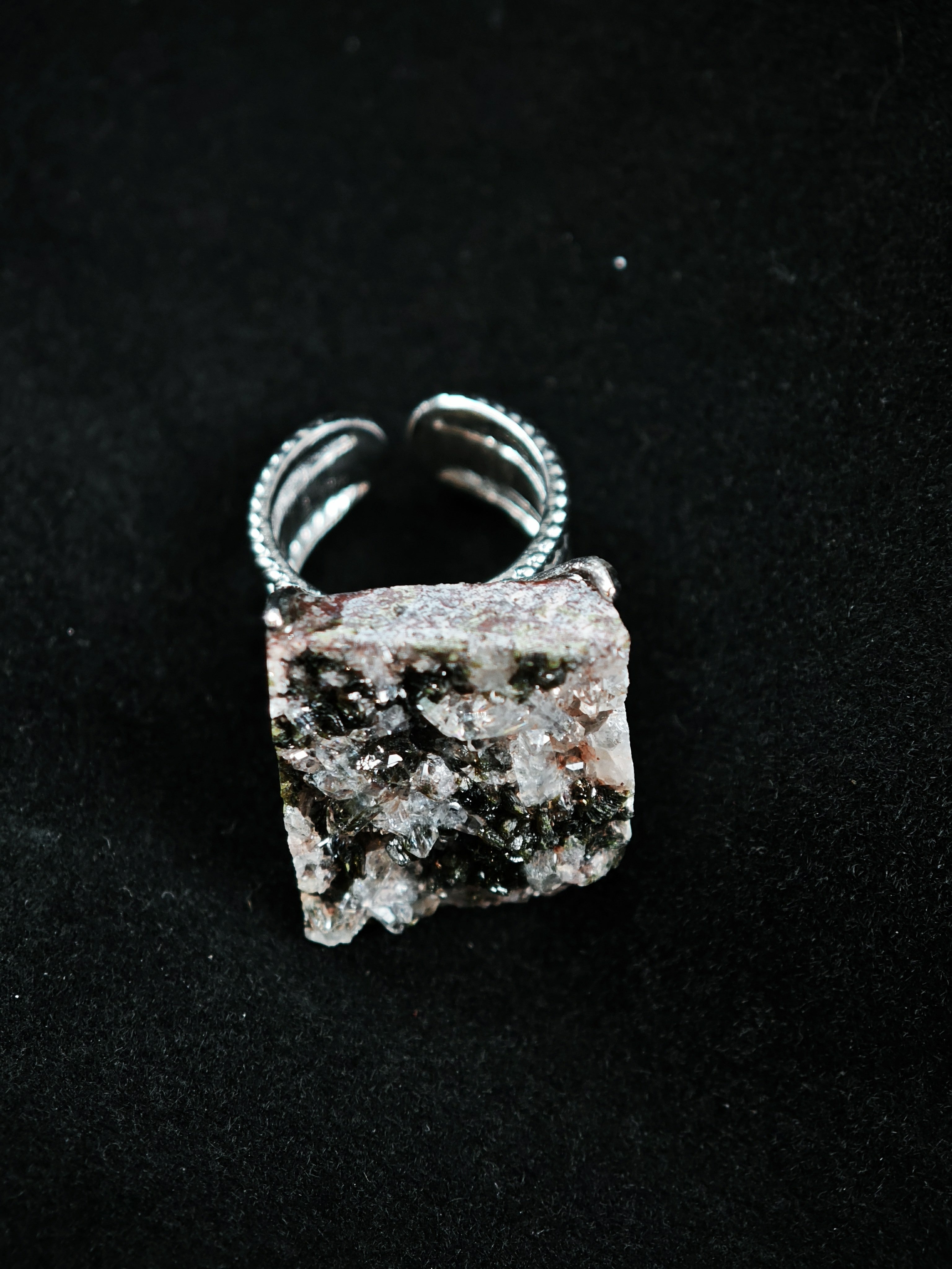 Epidote&Crystal Adjustable Ring - Natural Mineral - Solo Collection -038