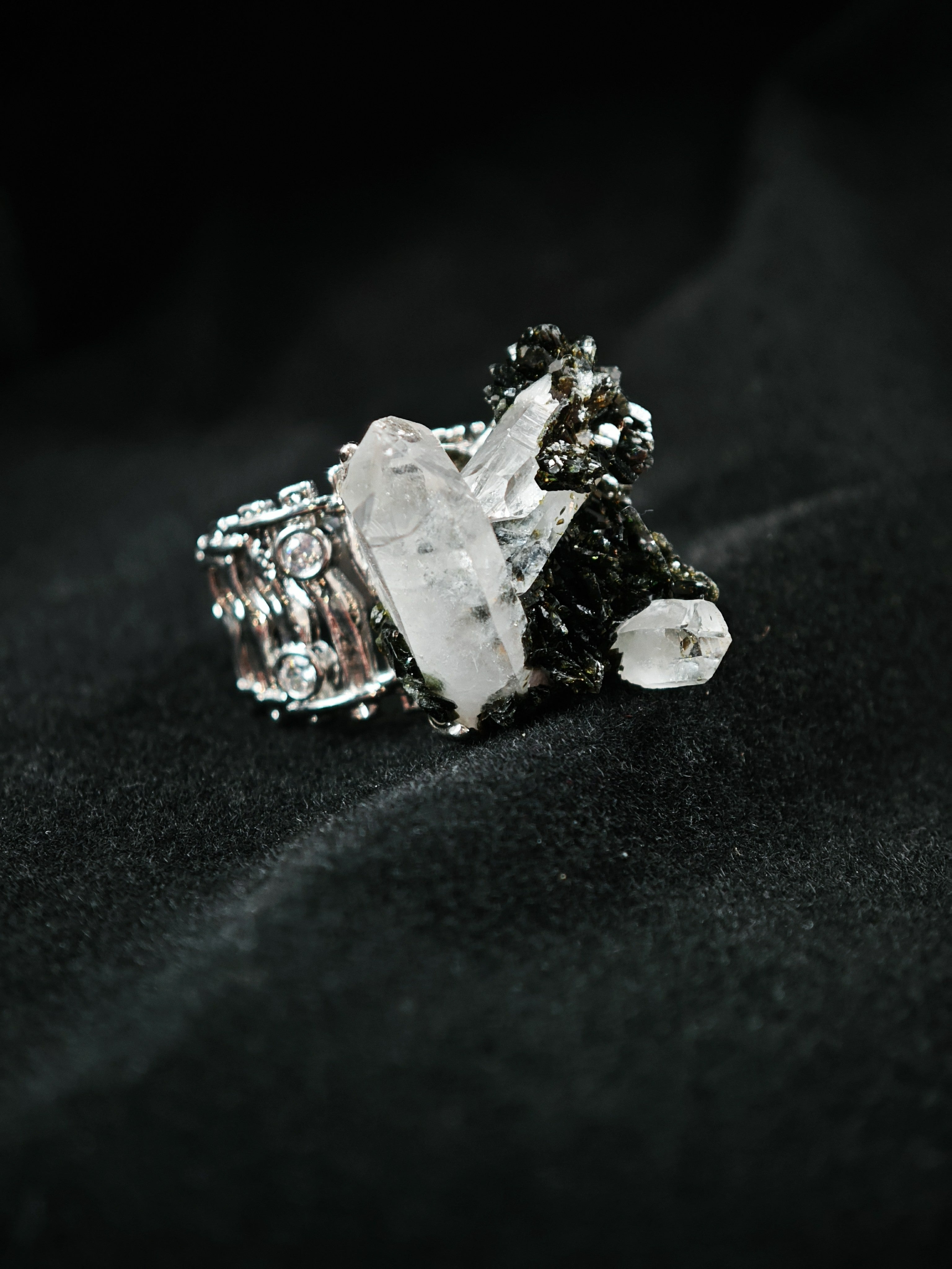 Epidote&Crystal Adjustable Ring - Natural Mineral - Solo Collection -045