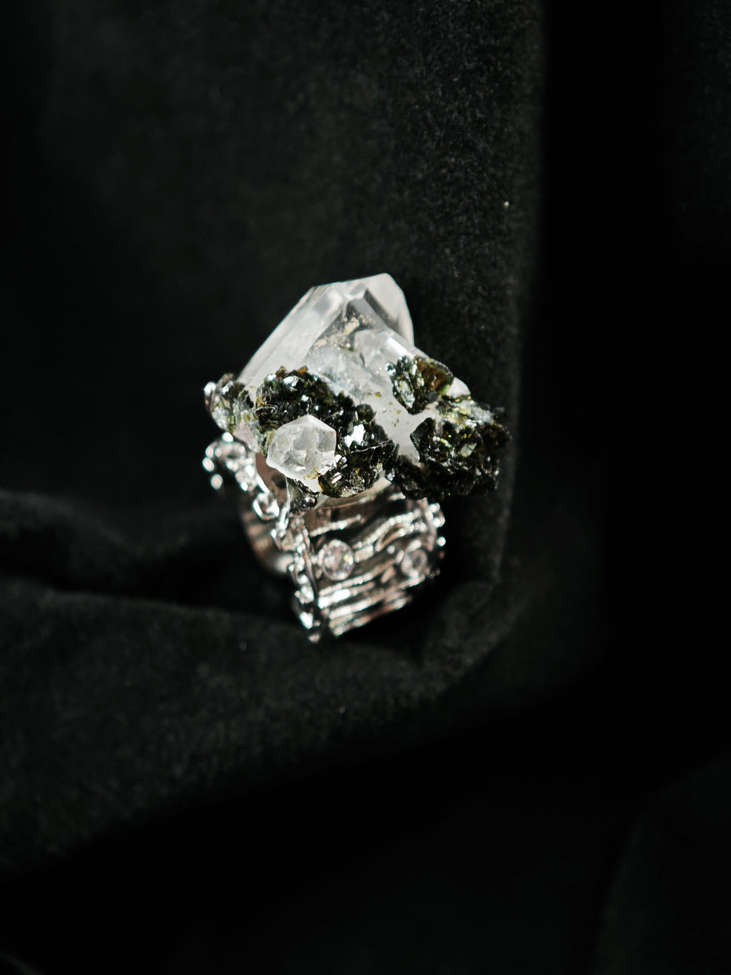 Epidote&Crystal Adjustable Ring - Natural Mineral - Solo Collection -045