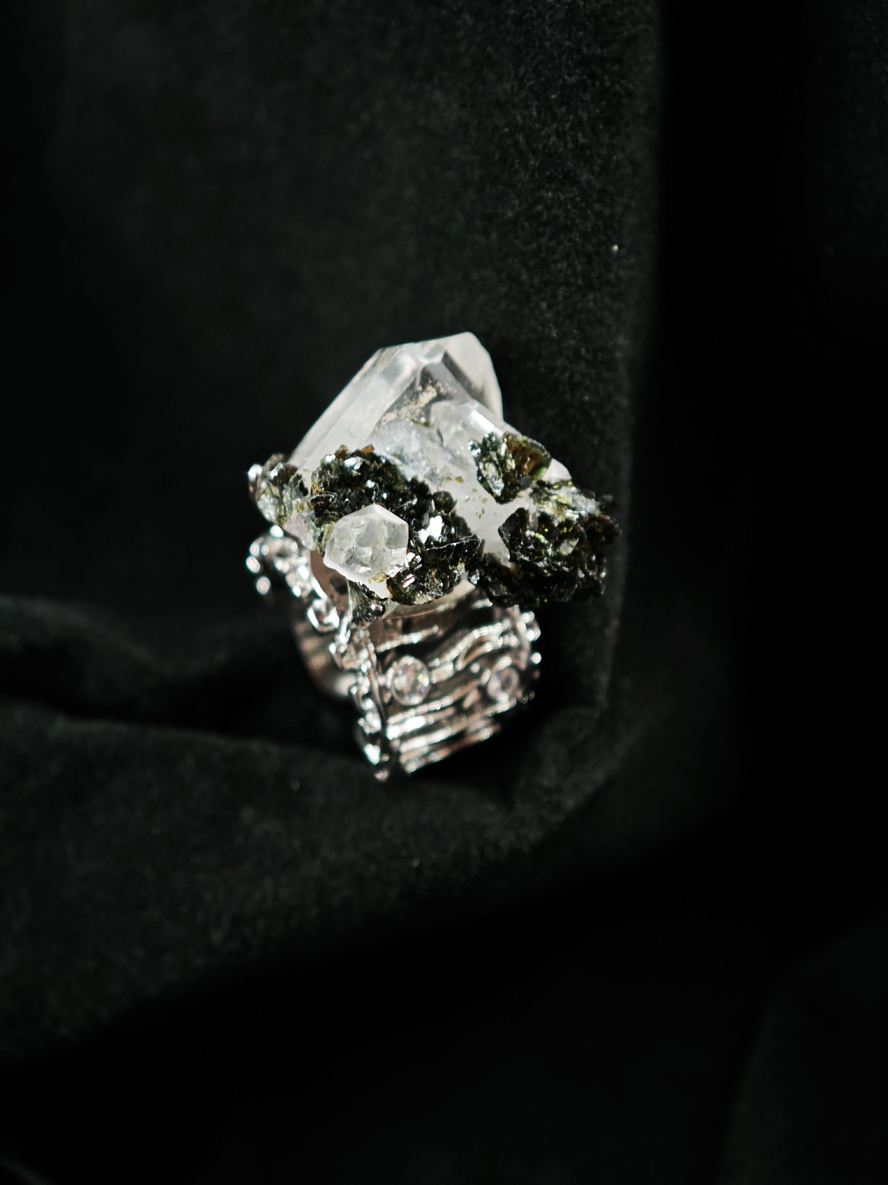 Epidote&Crystal Adjustable Ring - Natural Mineral - Solo Collection -045