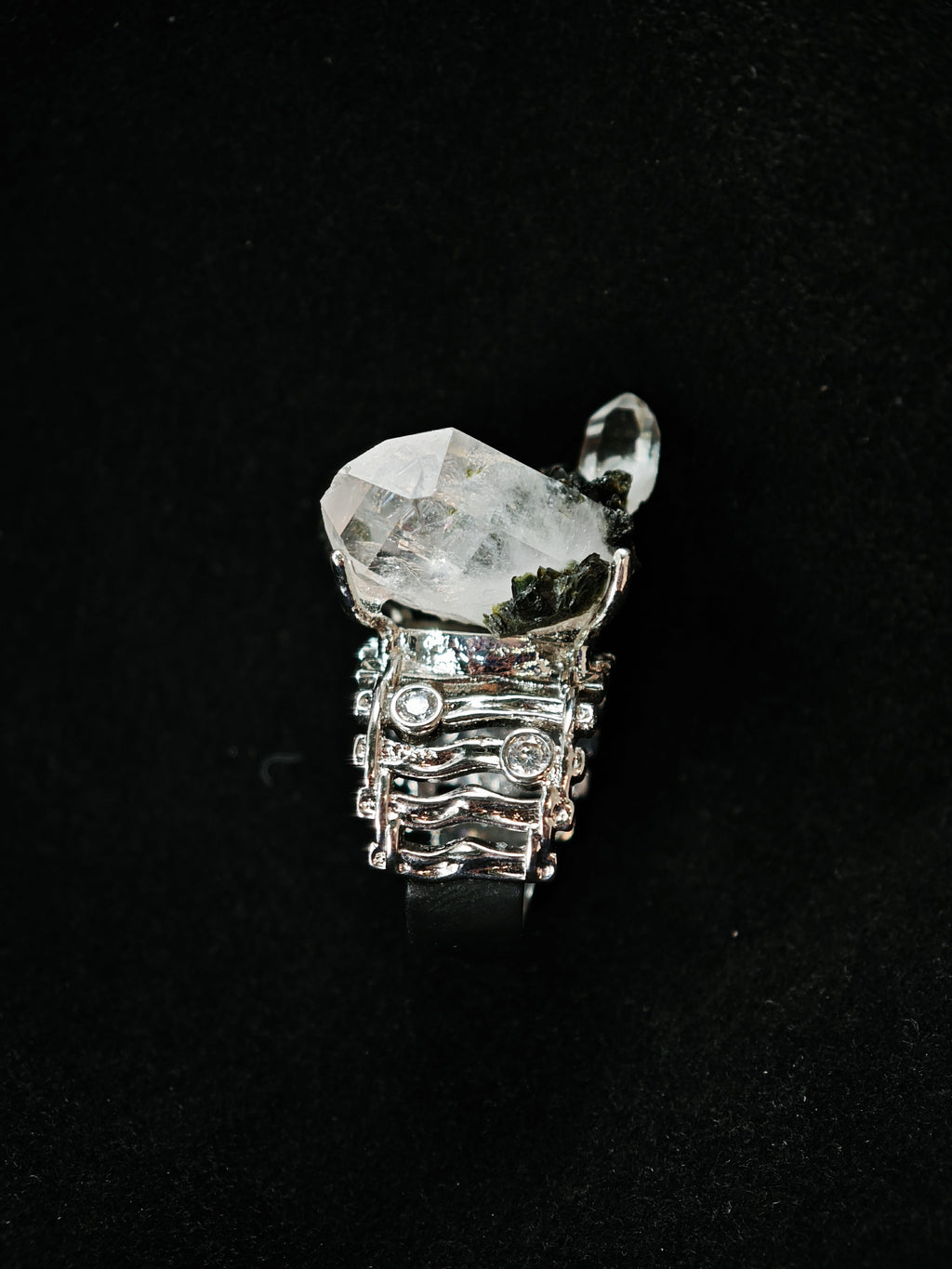 Epidote&Crystal Adjustable Ring - Natural Mineral - Solo Collection -045