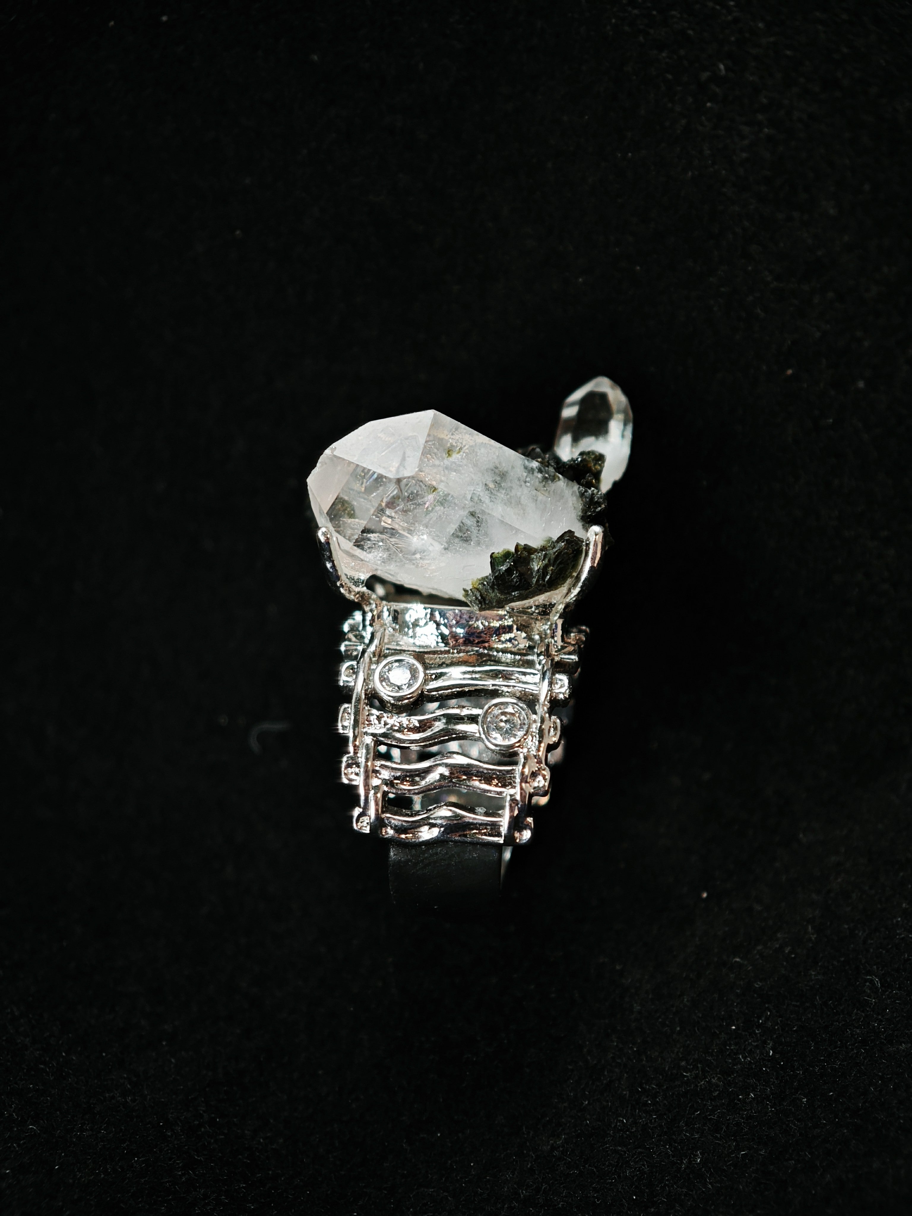 Epidote&Crystal Adjustable Ring - Natural Mineral - Solo Collection -045