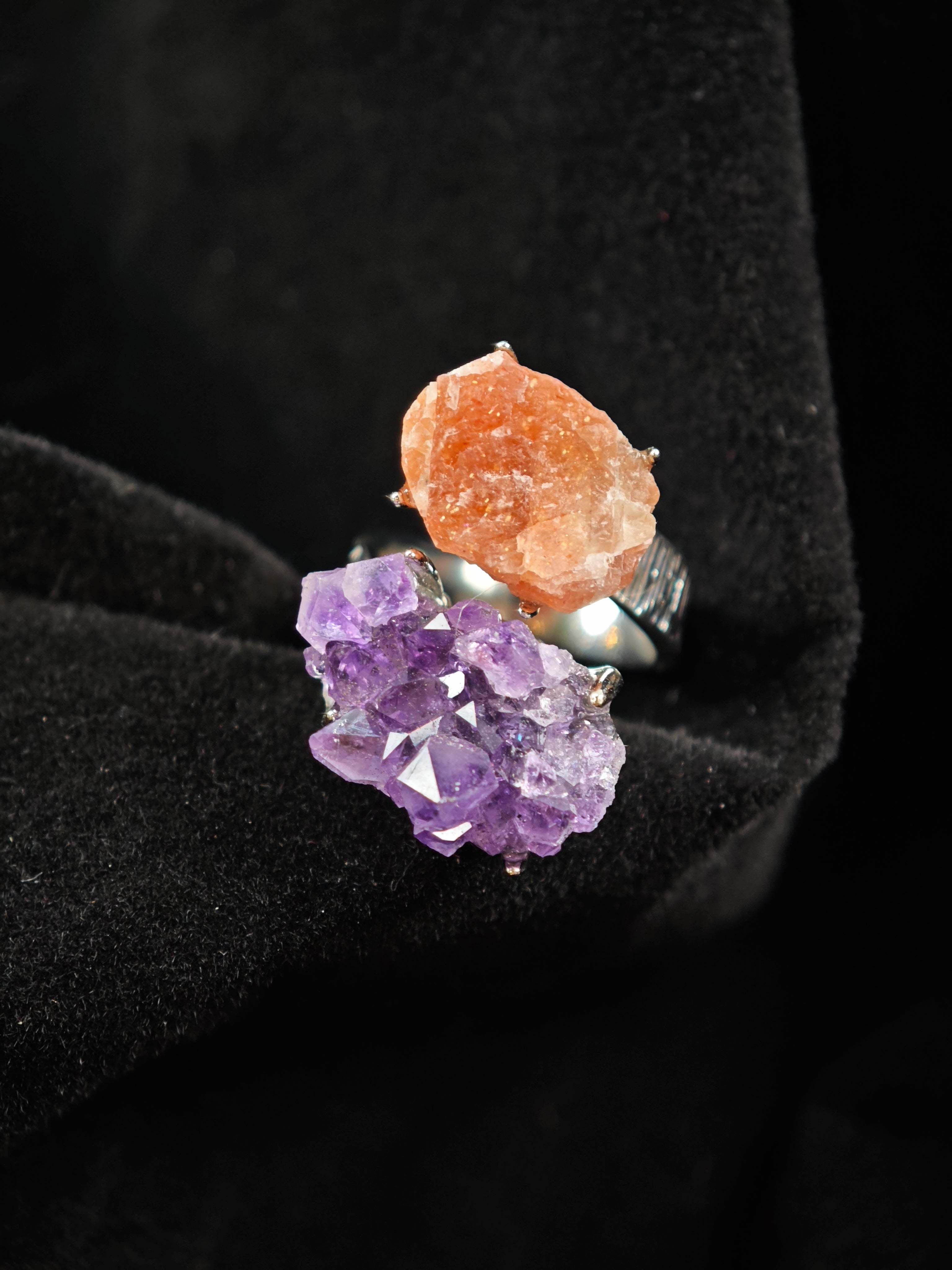 Amethyst&Sunstone Adjustable Ring - Natural Mineral - Duo Collection -059