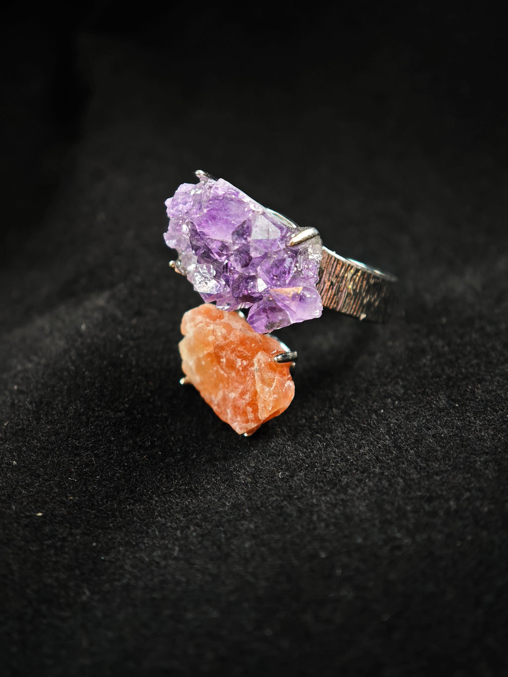 Amethyst&Sunstone Adjustable Ring - Natural Mineral - Duo Collection -059