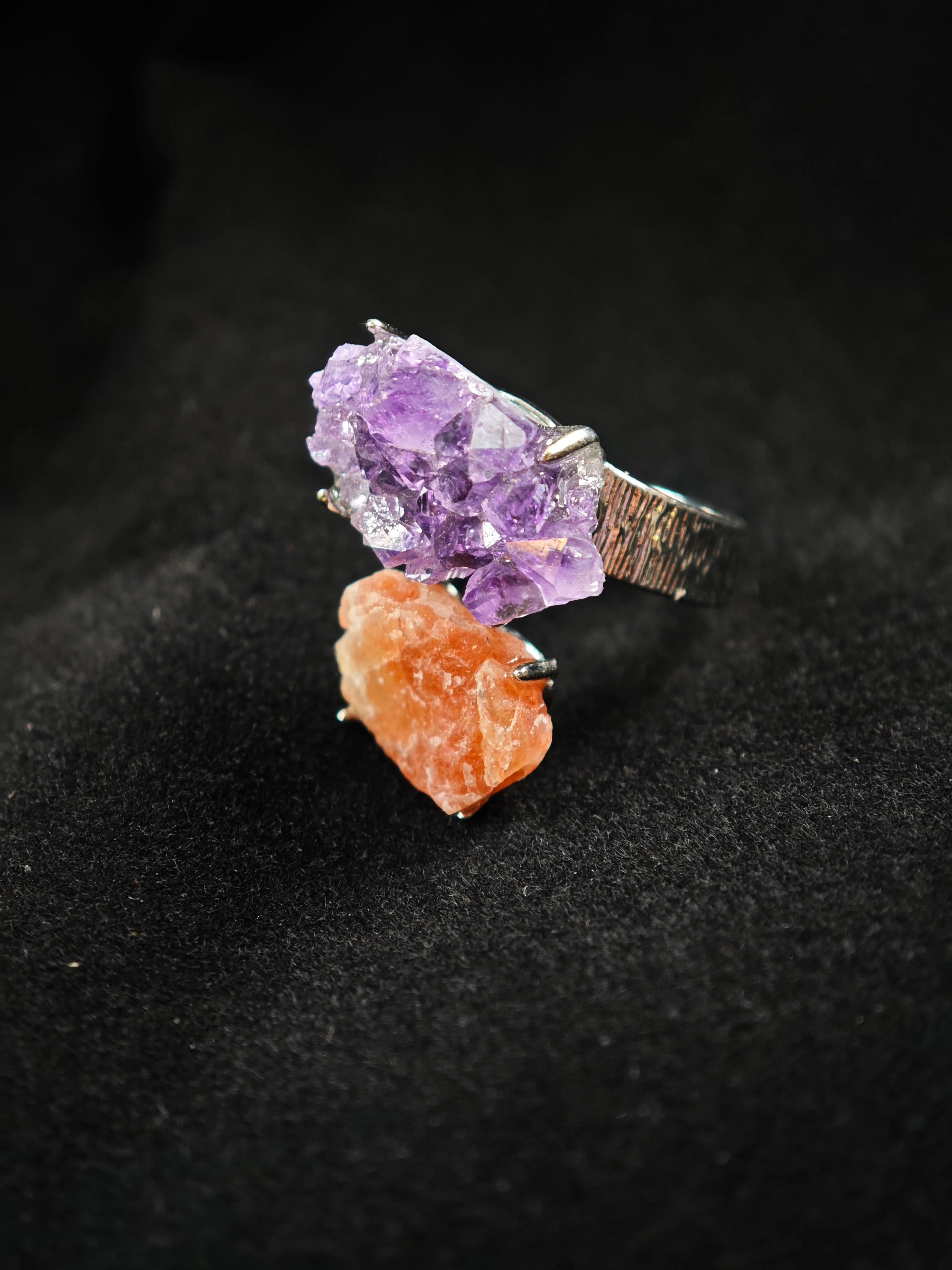 Amethyst&Sunstone Adjustable Ring - Natural Mineral - Duo Collection -059