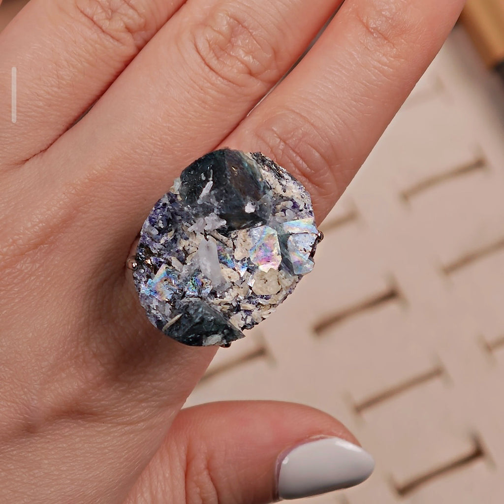 Raw Phantom Fluorite Adjustable Ring – Natural Mineral Stone Ring, Handmade One of a Kind Jewelry-004