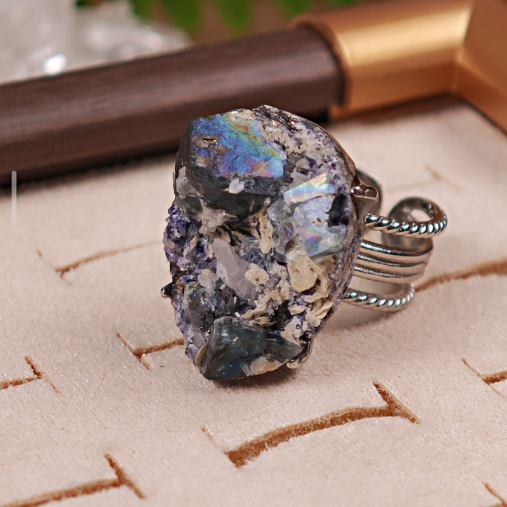 Raw Phantom Fluorite Adjustable Ring – Natural Mineral Stone Ring, Handmade One of a Kind Jewelry-004