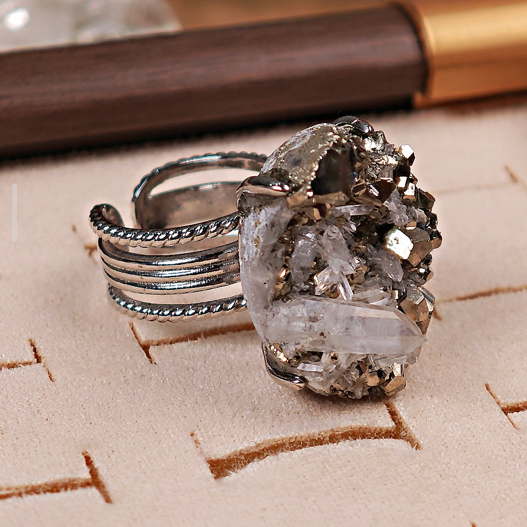 Raw Chalcopyrite Adjustable Ring – Natural Mineral Stone Ring, Handmade One of a Kind Jewelry-005