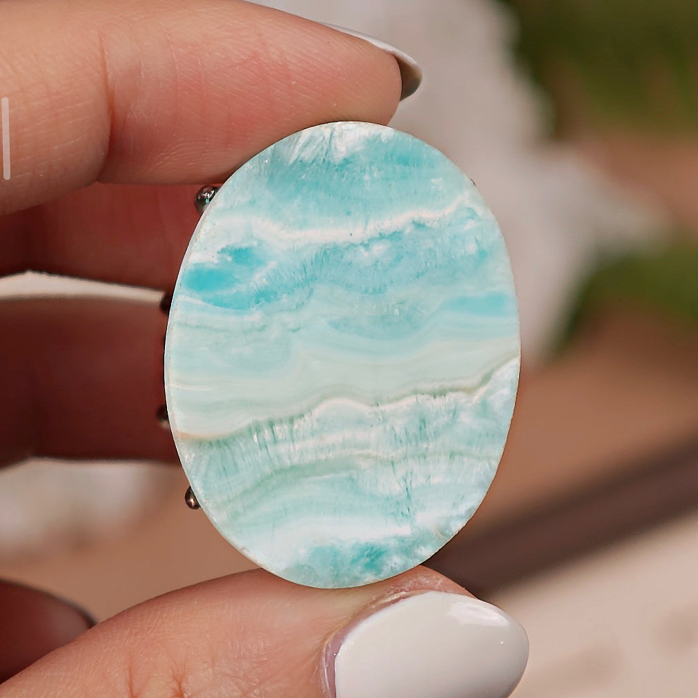 Raw Larimar Adjustable Ring – Natural Mineral Stone Ring, Handmade One of a Kind Jewelry-007