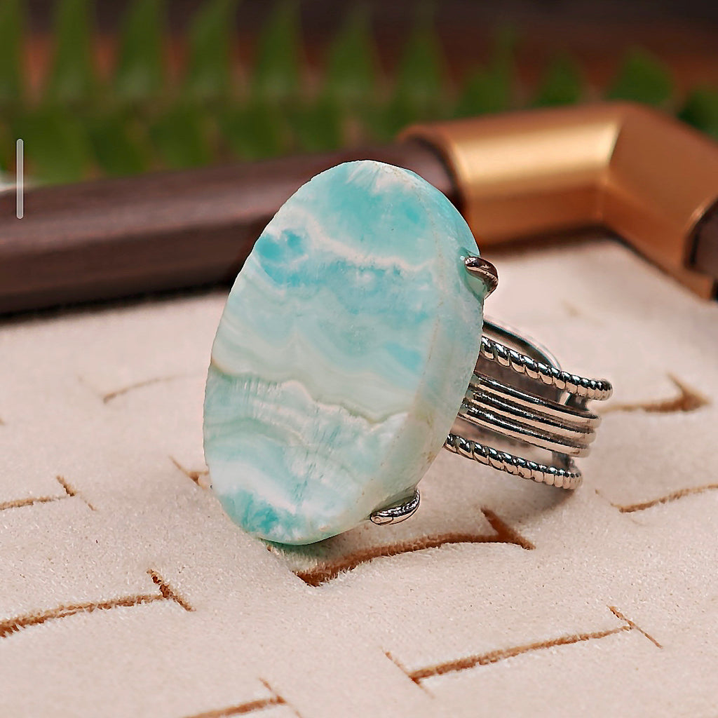 Raw Larimar Adjustable Ring – Natural Mineral Stone Ring, Handmade One of a Kind Jewelry-007