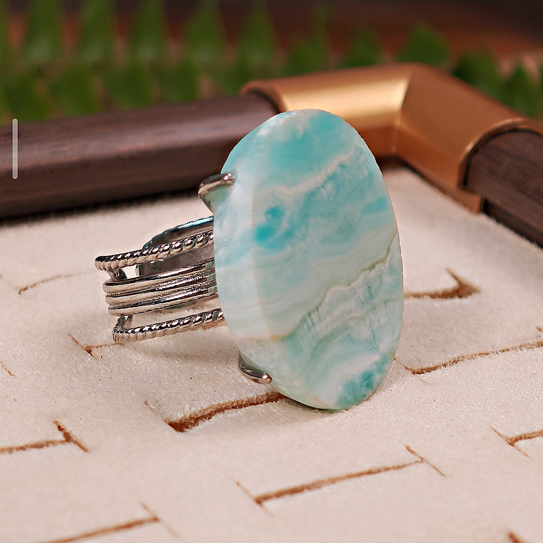 Raw Larimar Adjustable Ring – Natural Mineral Stone Ring, Handmade One of a Kind Jewelry-007
