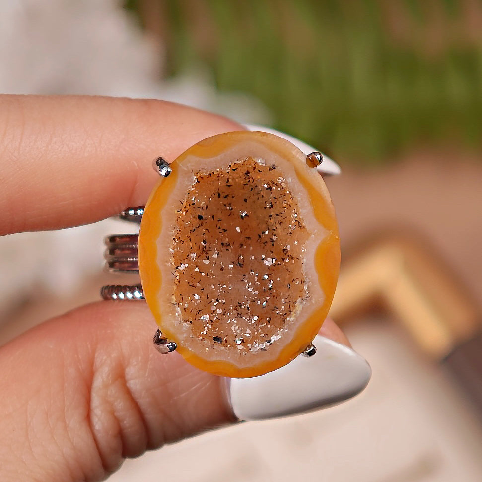 Raw geode Adjustable Ring – Natural Mineral Stone Ring, Handmade One of a Kind Jewelry-010