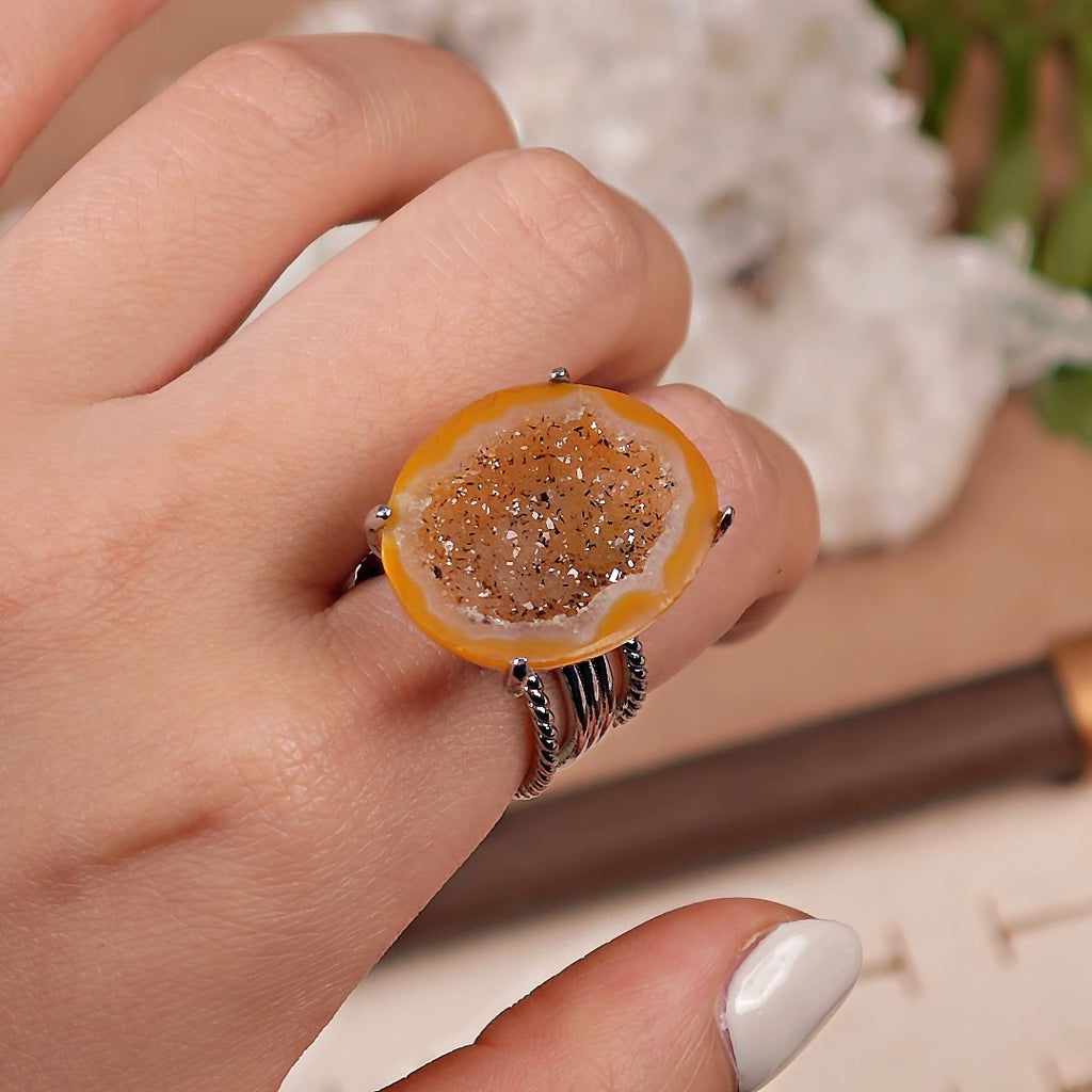 Raw geode Adjustable Ring – Natural Mineral Stone Ring, Handmade One of a Kind Jewelry-010