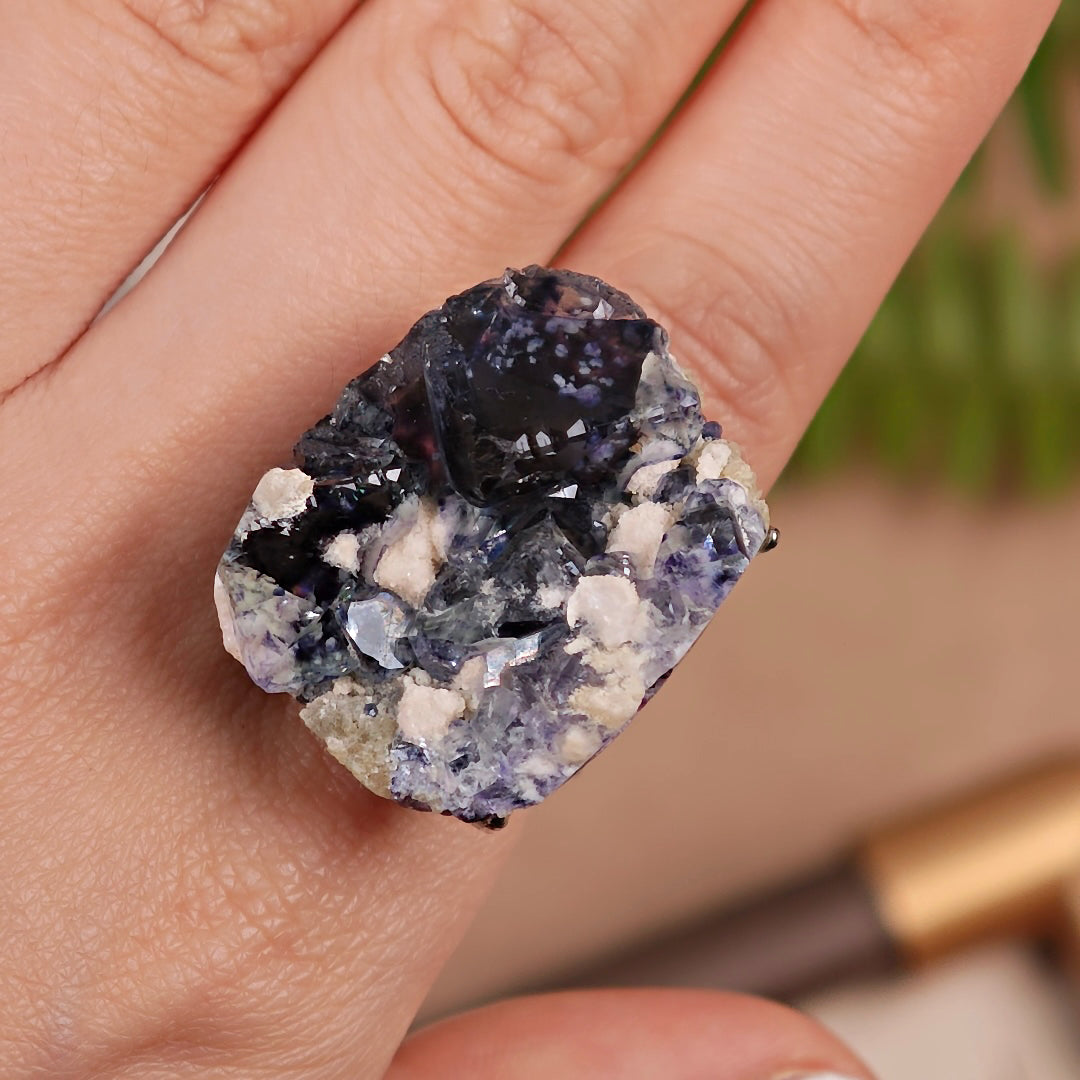 Raw Phantom Fluorite Adjustable Ring – Natural Mineral Stone Ring, Handmade One of a Kind Jewelry-012