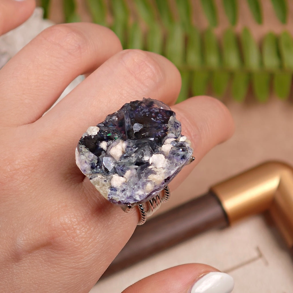 Raw Phantom Fluorite Adjustable Ring – Natural Mineral Stone Ring, Handmade One of a Kind Jewelry-012