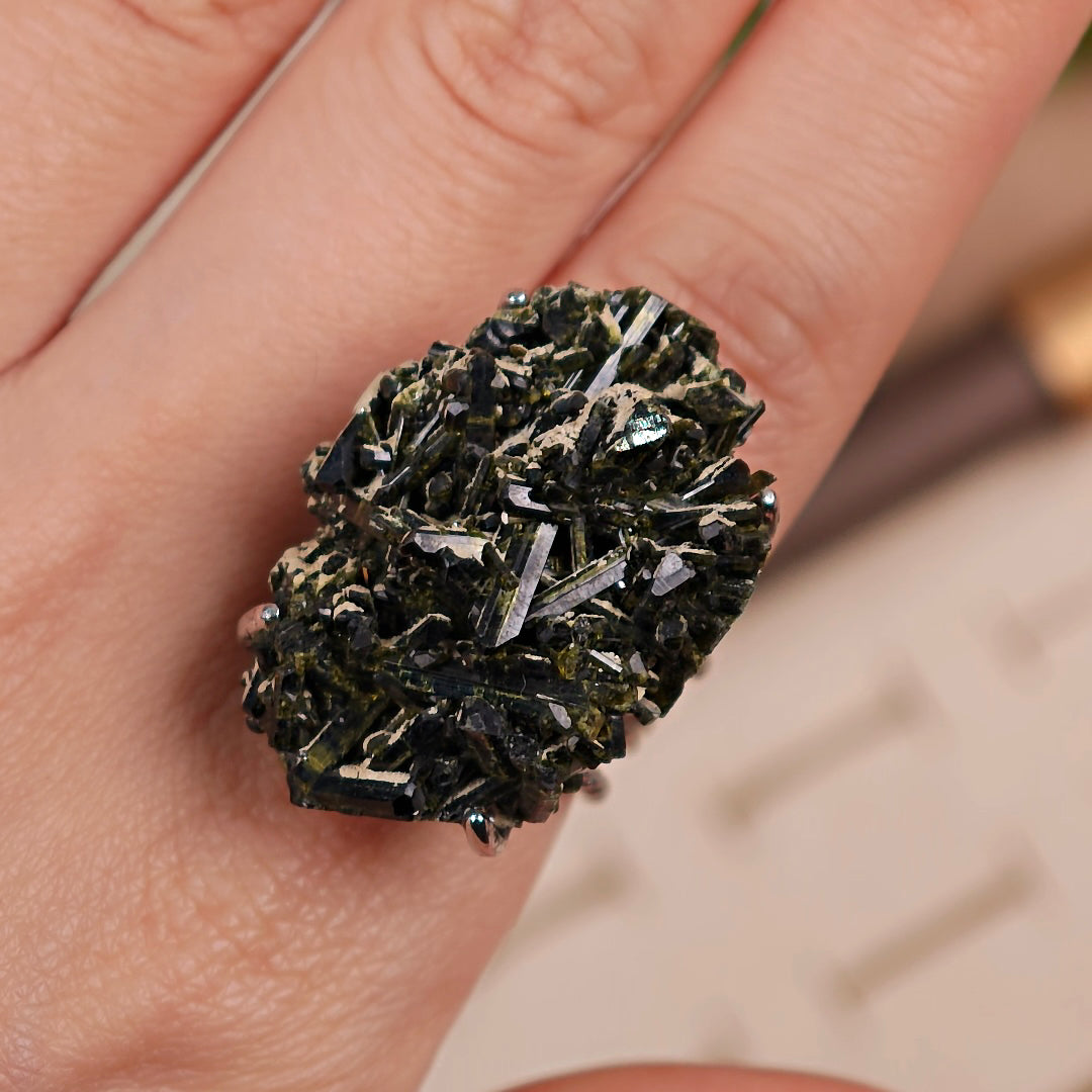 Raw Green Tourmaline Adjustable Ring – Natural Mineral Stone Ring, Handmade One of a Kind Jewelry-013