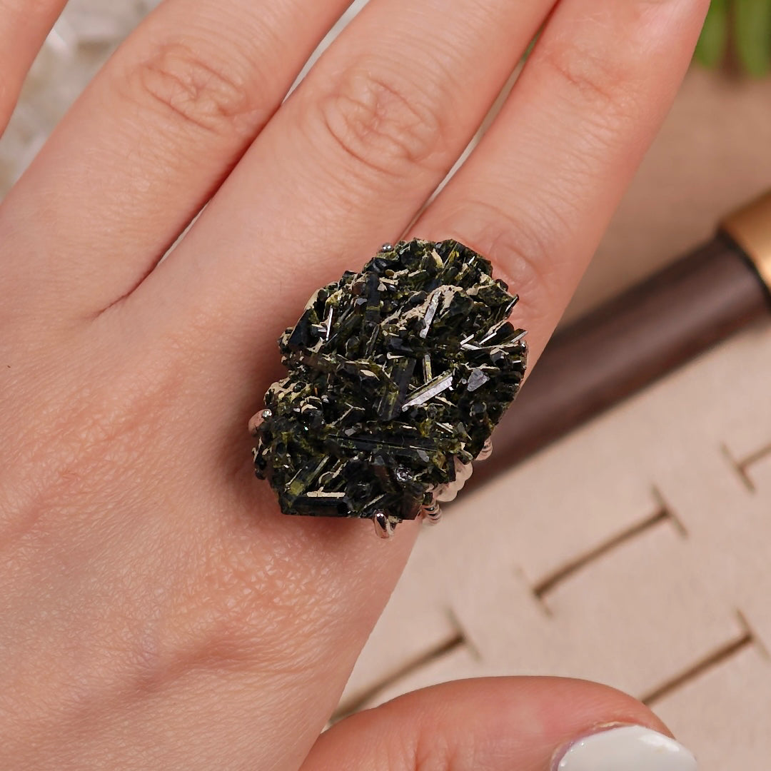 Raw Green Tourmaline Adjustable Ring – Natural Mineral Stone Ring, Handmade One of a Kind Jewelry-013