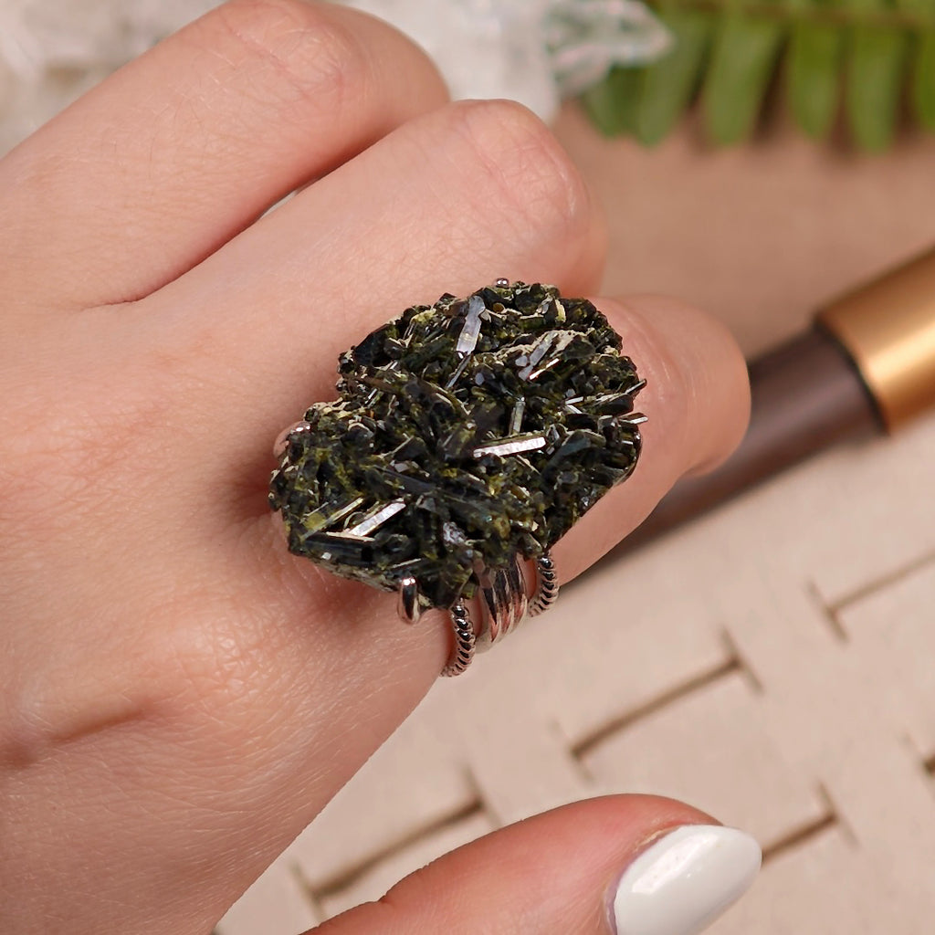 Raw Green Tourmaline Adjustable Ring – Natural Mineral Stone Ring, Handmade One of a Kind Jewelry-013
