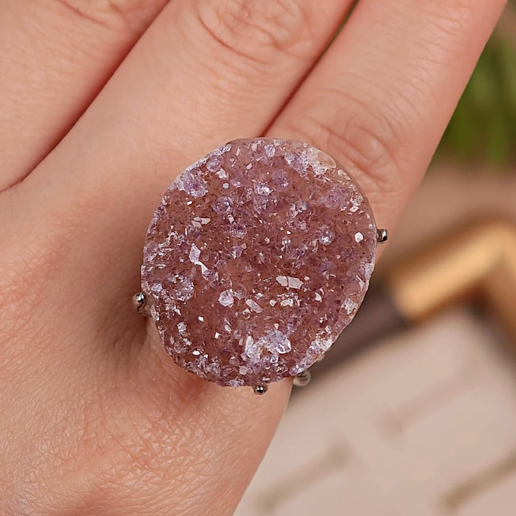 Raw Druzy Quartz Adjustable Ring – Natural Mineral Stone Ring, Handmade One of a Kind Jewelry-014
