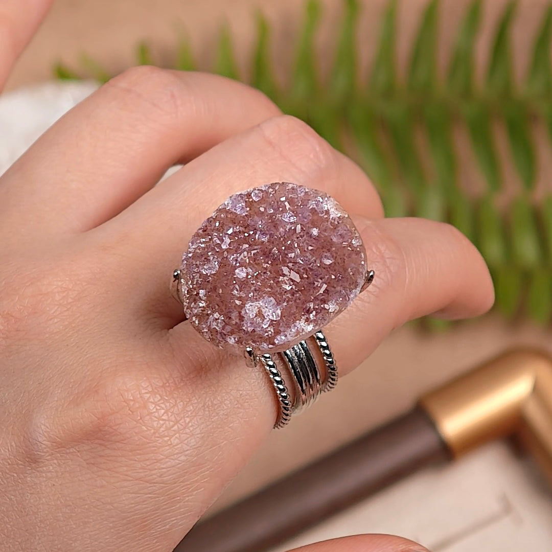 Raw Druzy Quartz Adjustable Ring – Natural Mineral Stone Ring, Handmade One of a Kind Jewelry-014