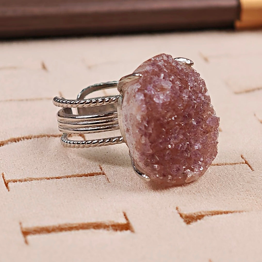 Raw Druzy Quartz Adjustable Ring – Natural Mineral Stone Ring, Handmade One of a Kind Jewelry-014