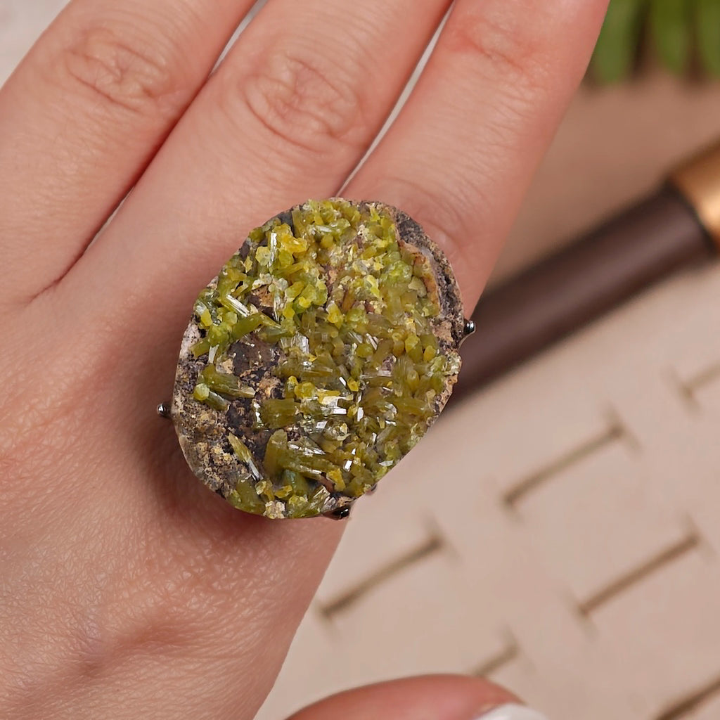 Raw Pyromorphite Adjustable Ring – Natural Mineral Stone Ring, Handmade One of a Kind Jewelry-016