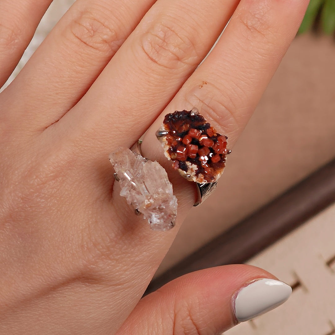 Raw Garnet+Creedite Adjustable Ring – Natural Mineral Stone Ring, Handmade One of a Kind Jewelry-017