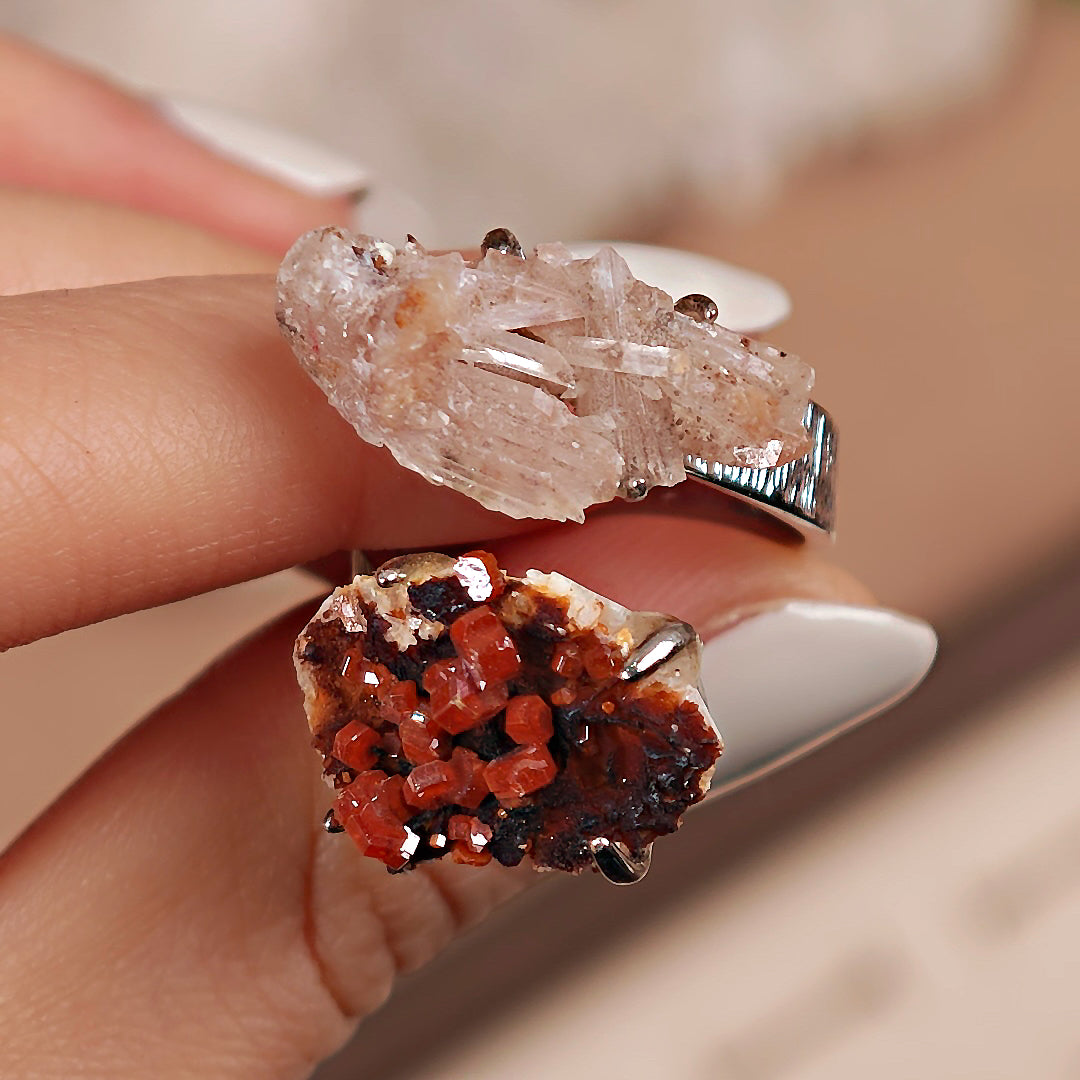 Raw Garnet+Creedite Adjustable Ring – Natural Mineral Stone Ring, Handmade One of a Kind Jewelry-017
