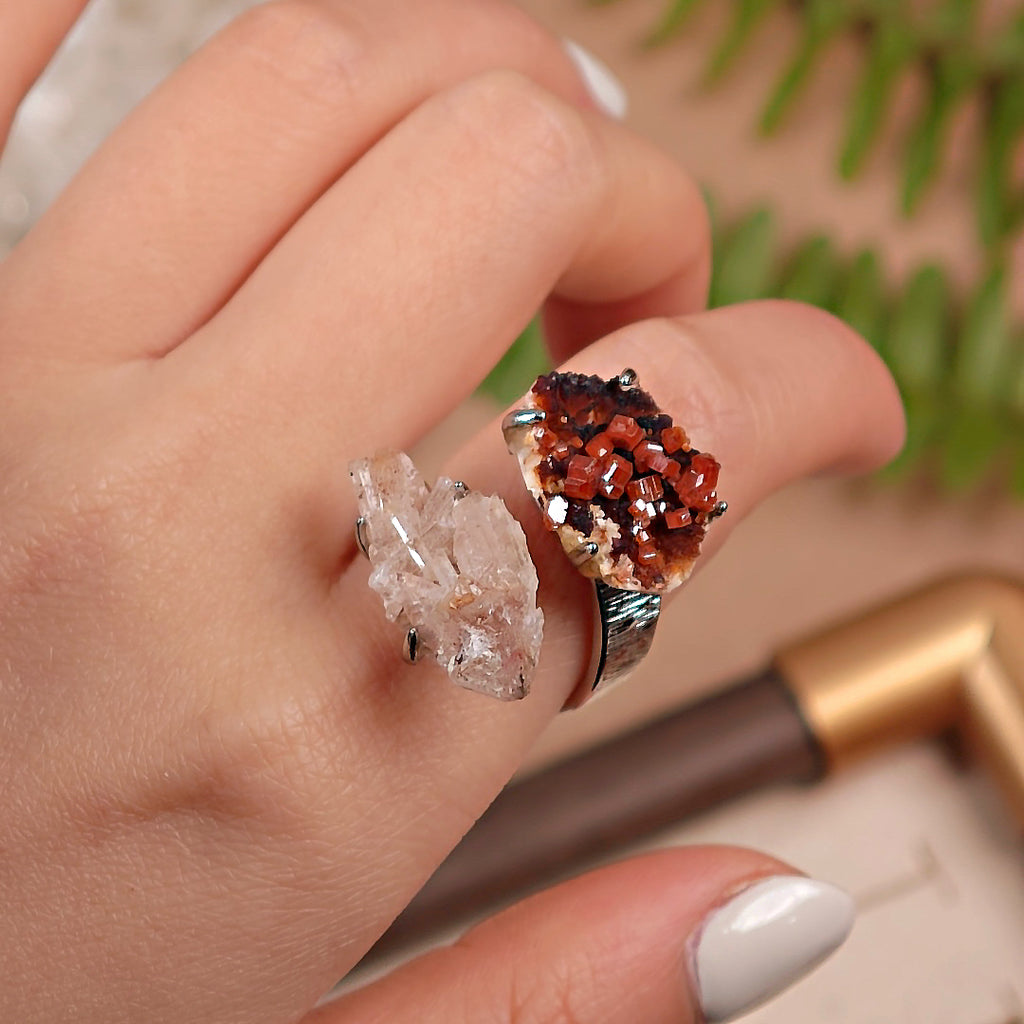 Raw Garnet+Creedite Adjustable Ring – Natural Mineral Stone Ring, Handmade One of a Kind Jewelry-017