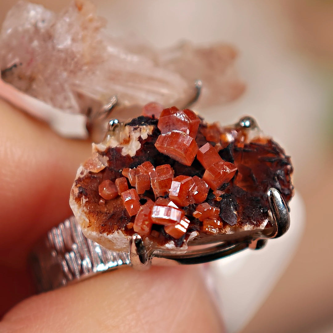 Raw Garnet+Creedite Adjustable Ring – Natural Mineral Stone Ring, Handmade One of a Kind Jewelry-017